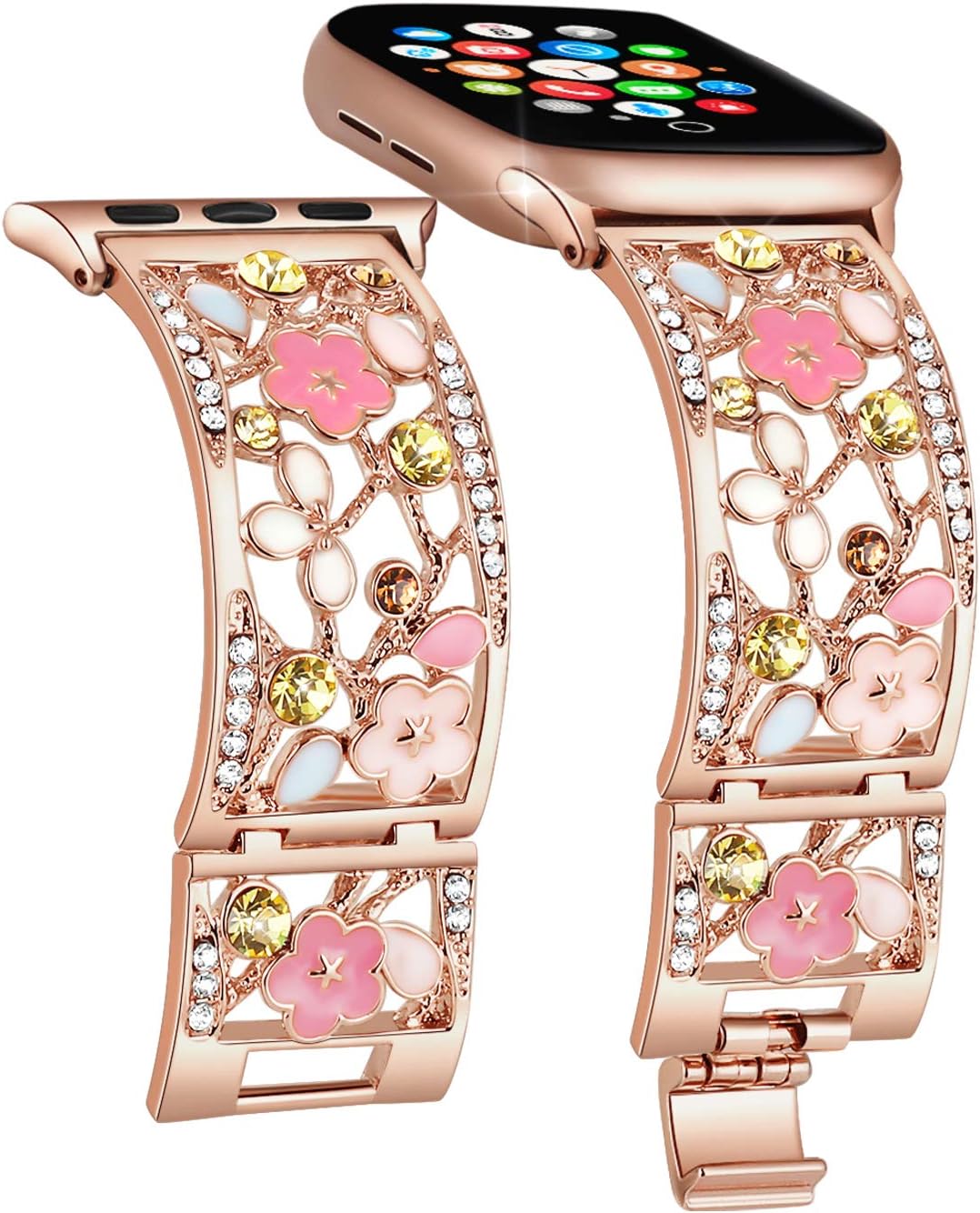Duoan Floral Bracelet Compatible with Apple Watch Band 38mm 40mm 41mm 42mm iWatch Bands Series 11 10 9 8 7,Bling Crystal Hollow Metal Strap,Cute Women Dressy Jewelry Wristband(38/40/41/42mm,Rose Gold)