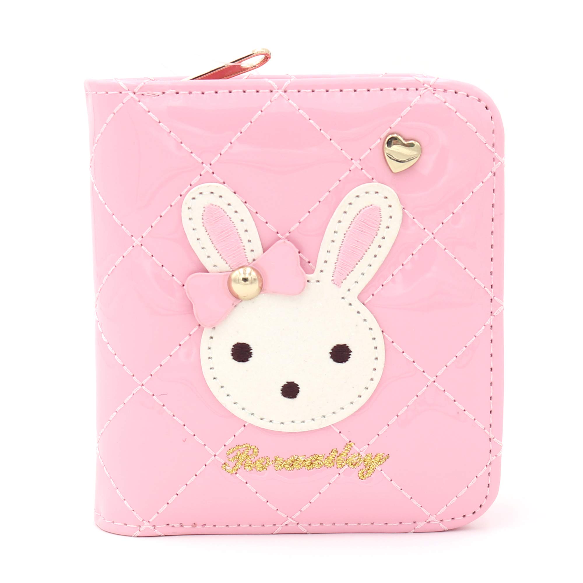 RoRaailey Sherbet Rabbit Pink Quilt Bifold Wallet Zipper Coin Pocket Slots with Magnetic Closure for Girls, Pink, Pu Leather Wallet