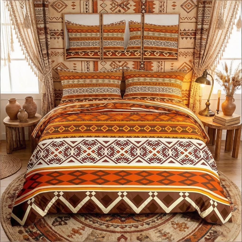 Loussiesd Southwestern Comforter Cover Boho Decor Duvet Cover Double Stripe Theme Boy Teen Bedding Bedspread Simple Bedding Comforter Set Decorative 3 Piece Bohemian Bedclothes with 2 Pillow Case