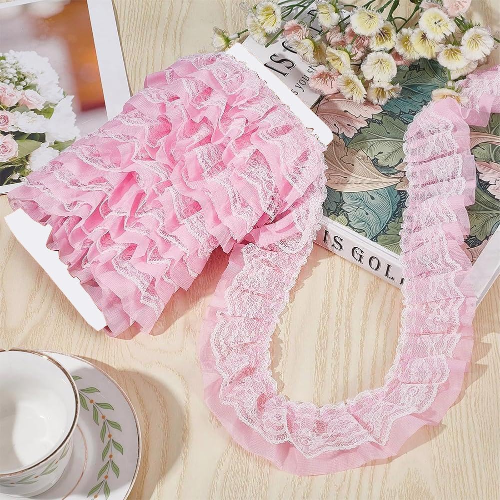 GORGECRAFT 2 Inch Double Layer Chiffon Lace Edge Trim 5.5 Yards Pink Pleated Gathered Organza Tulle Fabric Ruffles Lace Edging Trimmings Ribbon for Sewing DIY Crafts Costumes Wedding