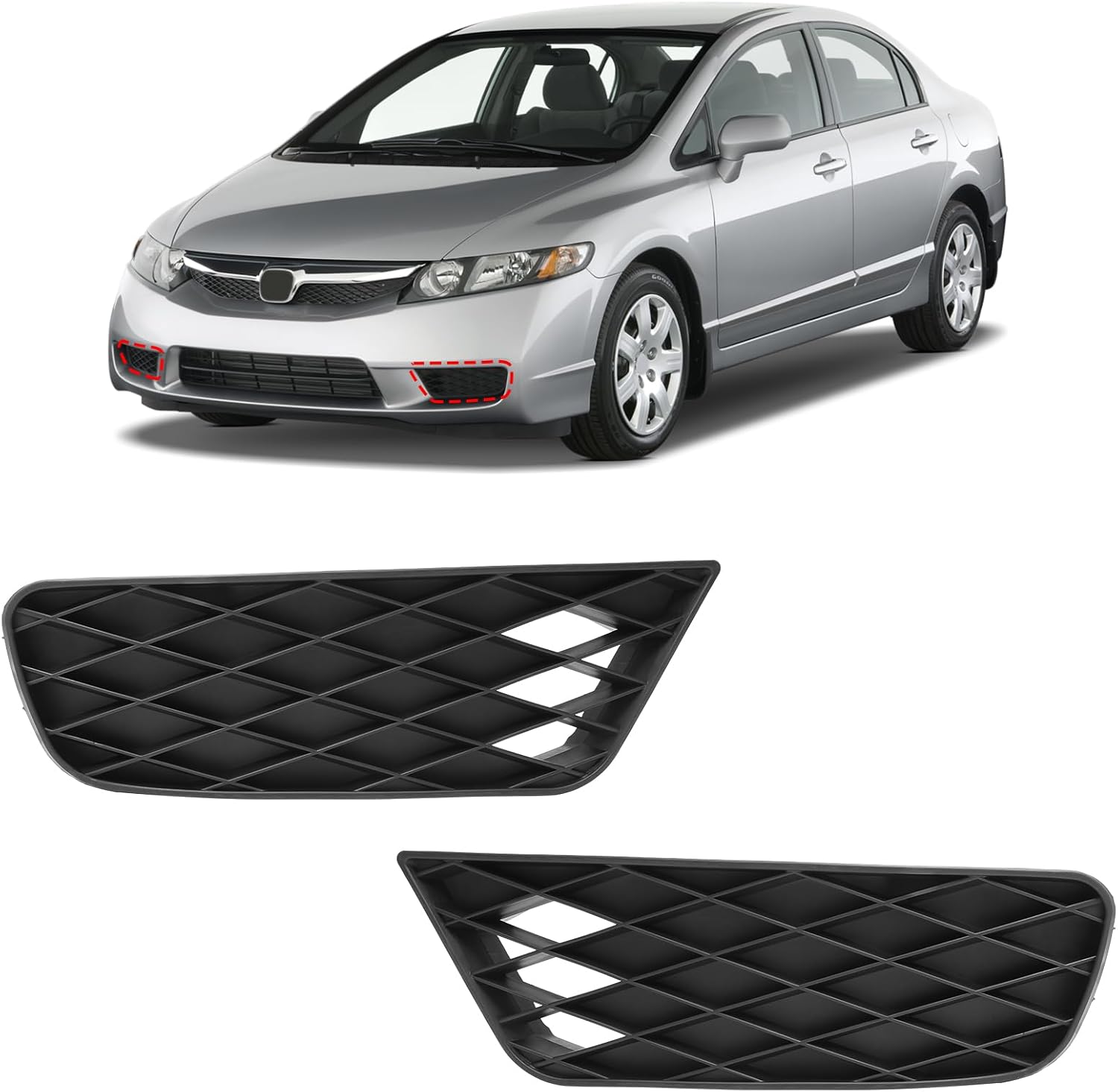BXZ Front Bumper Insert Outer Grille Fog Light Lamp Cover Bezel Pair For 2009 2010 2011 Honda Civic(Not For 2DR)