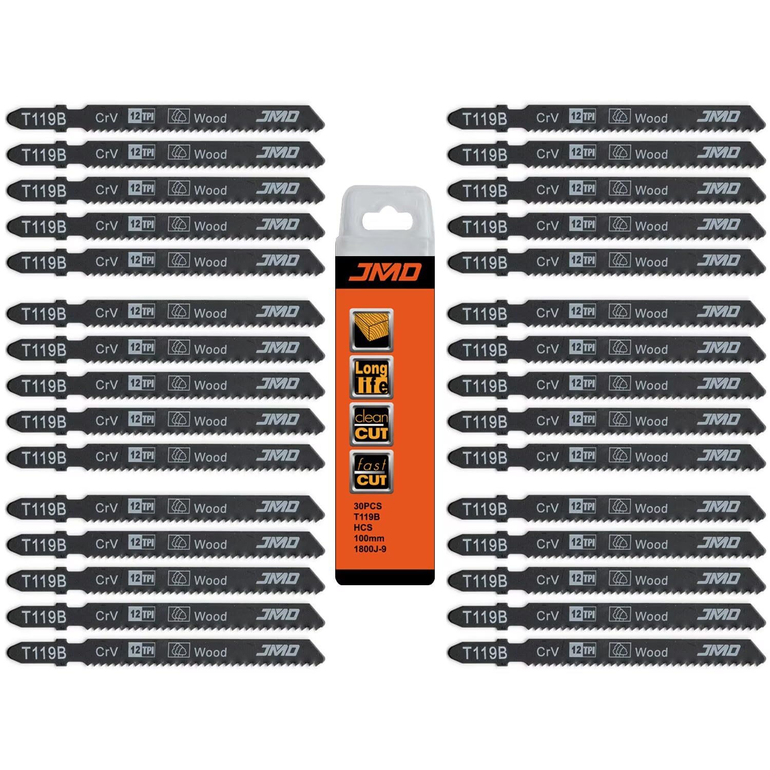 Juego de 30 hojas de sierra caladora de acero de alto carbono T119B 92 mm 12TPI para herramienta de carpintería para corte recto rápido