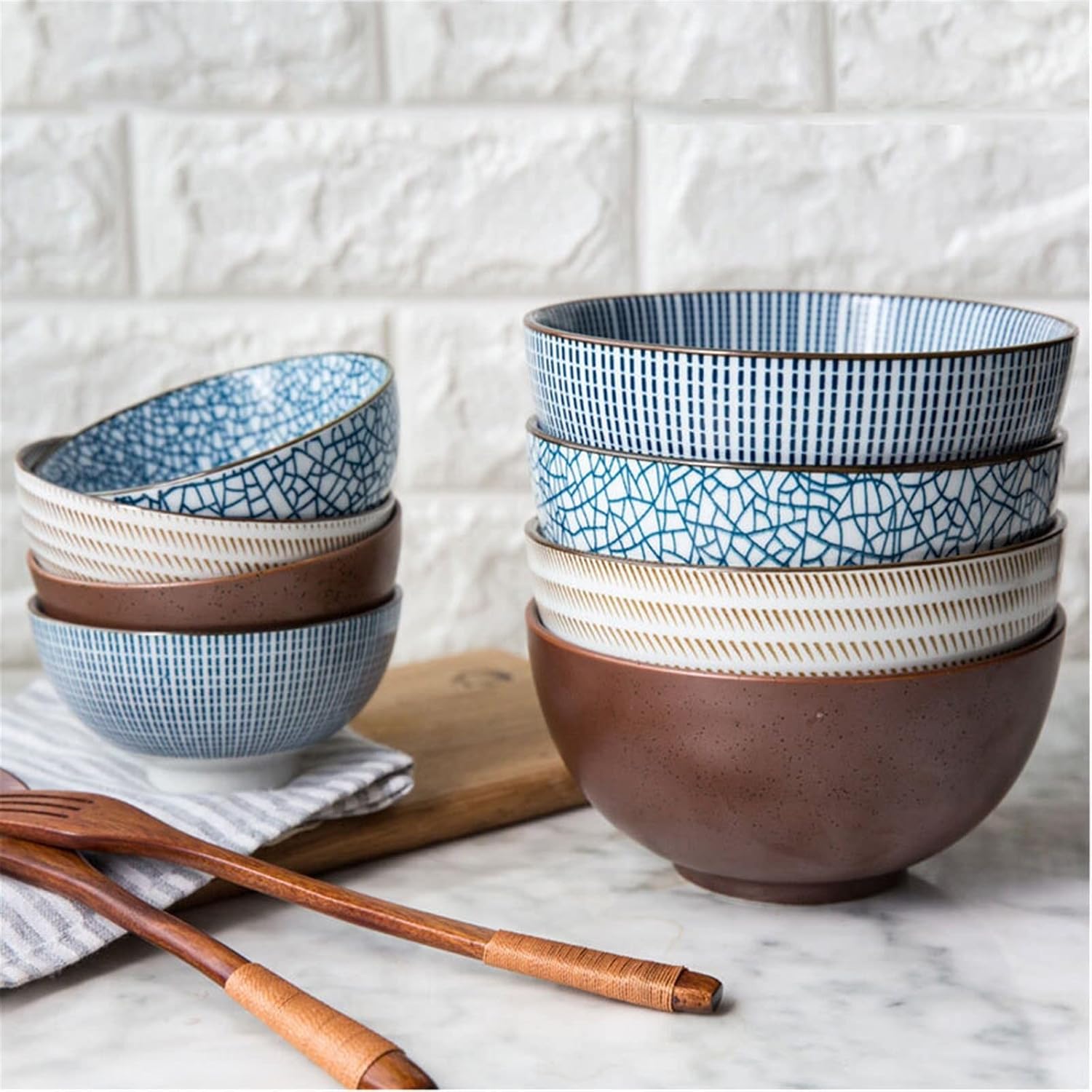 Bowls Classical Ceramic Blue and White Kitchen Rice Bowl Big Ramen Soup Bowl Spoon Small Tea Tableware (Color : 2) (3)