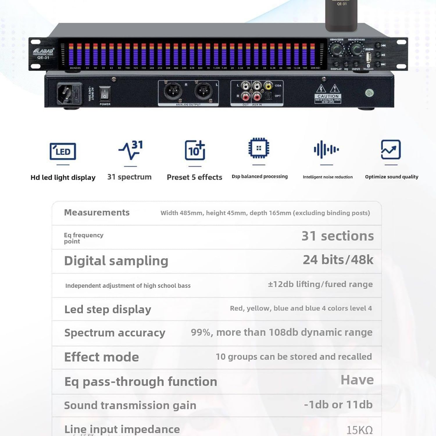 Processore di equalizzazione musicale, analizzatore di spettro digitale a 31 bande con telecomando e display LCD, riduzione intelligente del rumore per palcoscenico e KTV