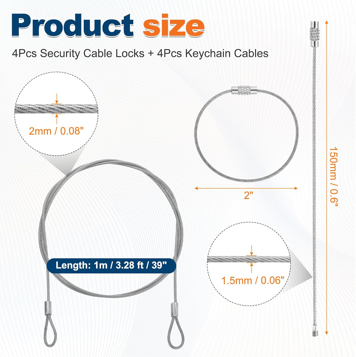 4 Set Double Loop Security Cable Lock (3.28 ft X0.08'') + Keychain Cable, Silver