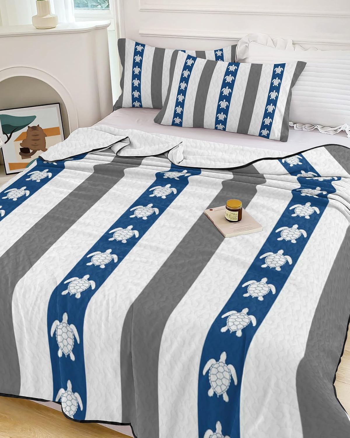 King Size Quilt Set, Sea Turtle Blue Grey White Stripe Lightweight Bedspread Coverlet Set Soft Microfiber Summer Quilt with 2 Pillow Shams, Marine Abstract Life 3 Piece Comforter Bedding Set