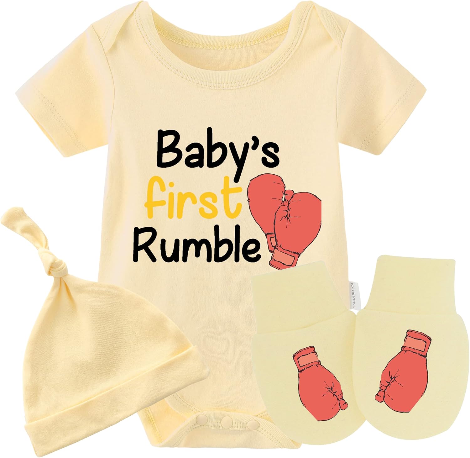YSCULBUTOL Baby Twins Bodysuits First Rumble Boxing Gloves Newborn Romper Short Sleeve Outfit Boys Girls Twin Hat 0-12 Months