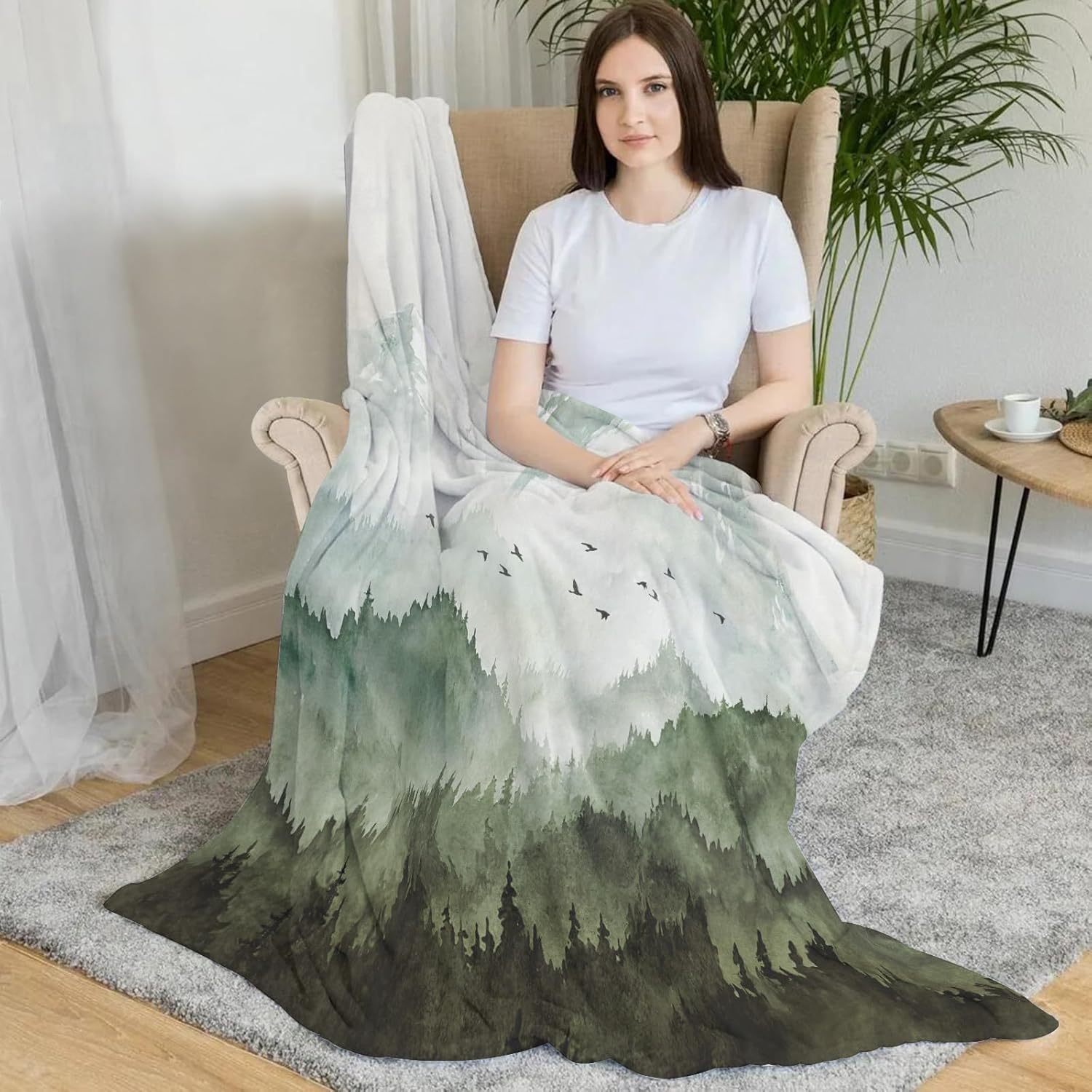 Neasow Watercolor Mountain Forest Fleece Throw Blanket, Nature Misty Foggy Sage Green Tree Landscape Art Nap Blankets Gift Sofa Bed Couch Chair or Dorm Throws 68×90 inches