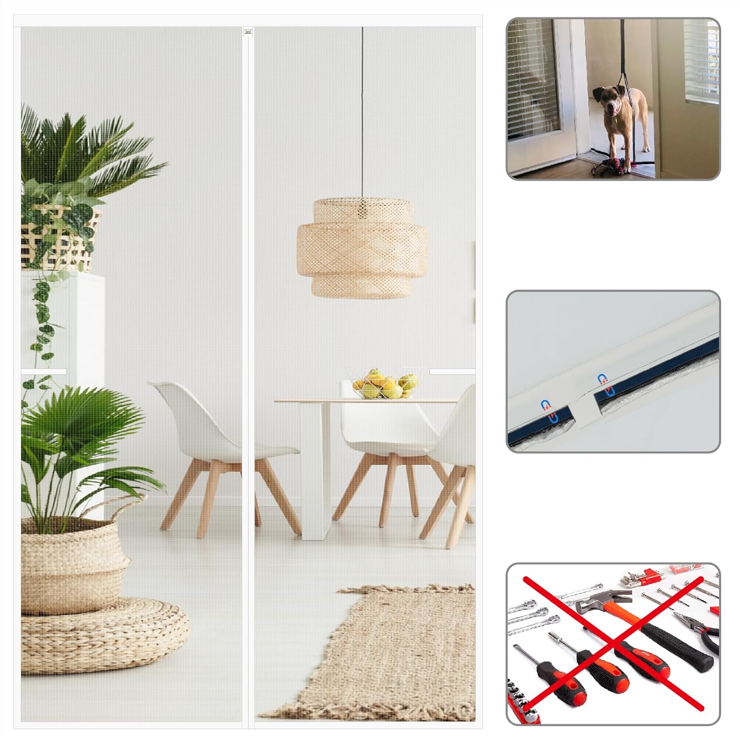 White Screen Door Mesh Magnetic Closure Heavy Duty 36 x 82 inch, Self Closing Fiberglass Mosquito Net with Magnet for Doors, Bug Fly Screens Curtain for Doorway, Keep Bugs Out, Pet Friendly Fit Door Size Up To 36 x 82 inch