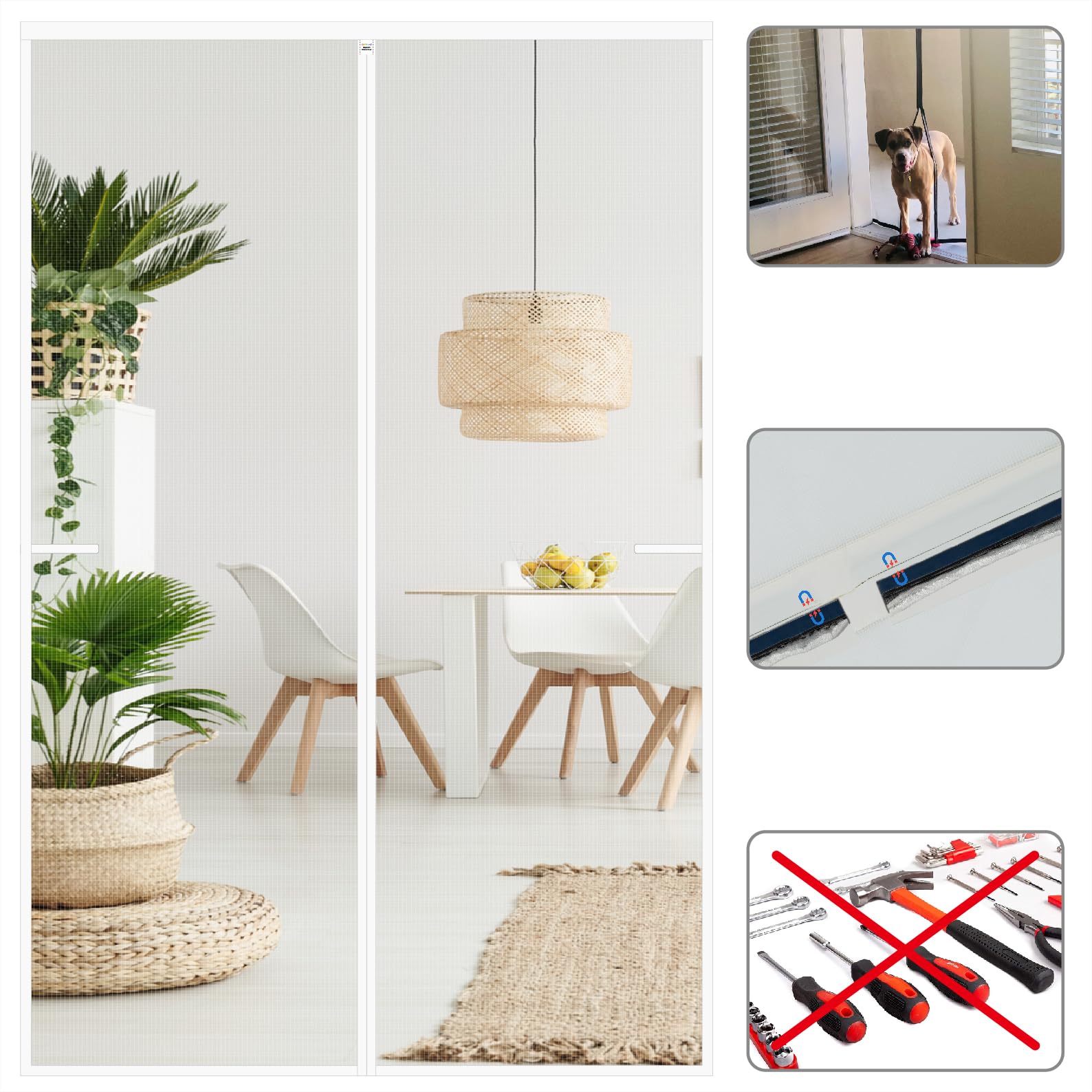 Magnetic Screen Door Mesh 34 x 81.6 inch, Fit Door Size 32 x 80 inch, White Fiberglass Door Screen Magnetic Closure, Heavy Duty, Self Sealing, Keep Bugs Out, Pet and Kid Friendly