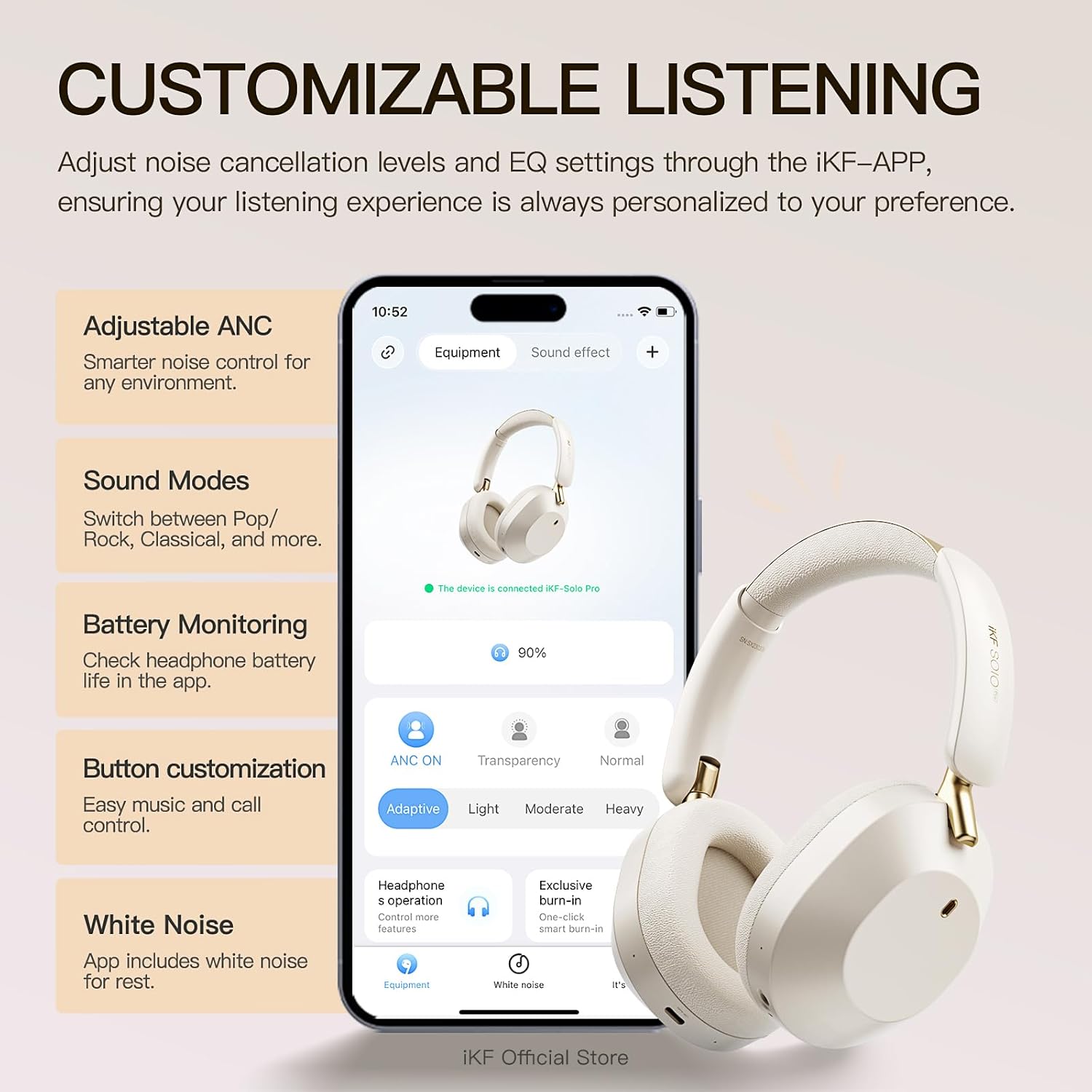 iKF Solo Pro headphones connected to the iKF-APP for customizable settings.