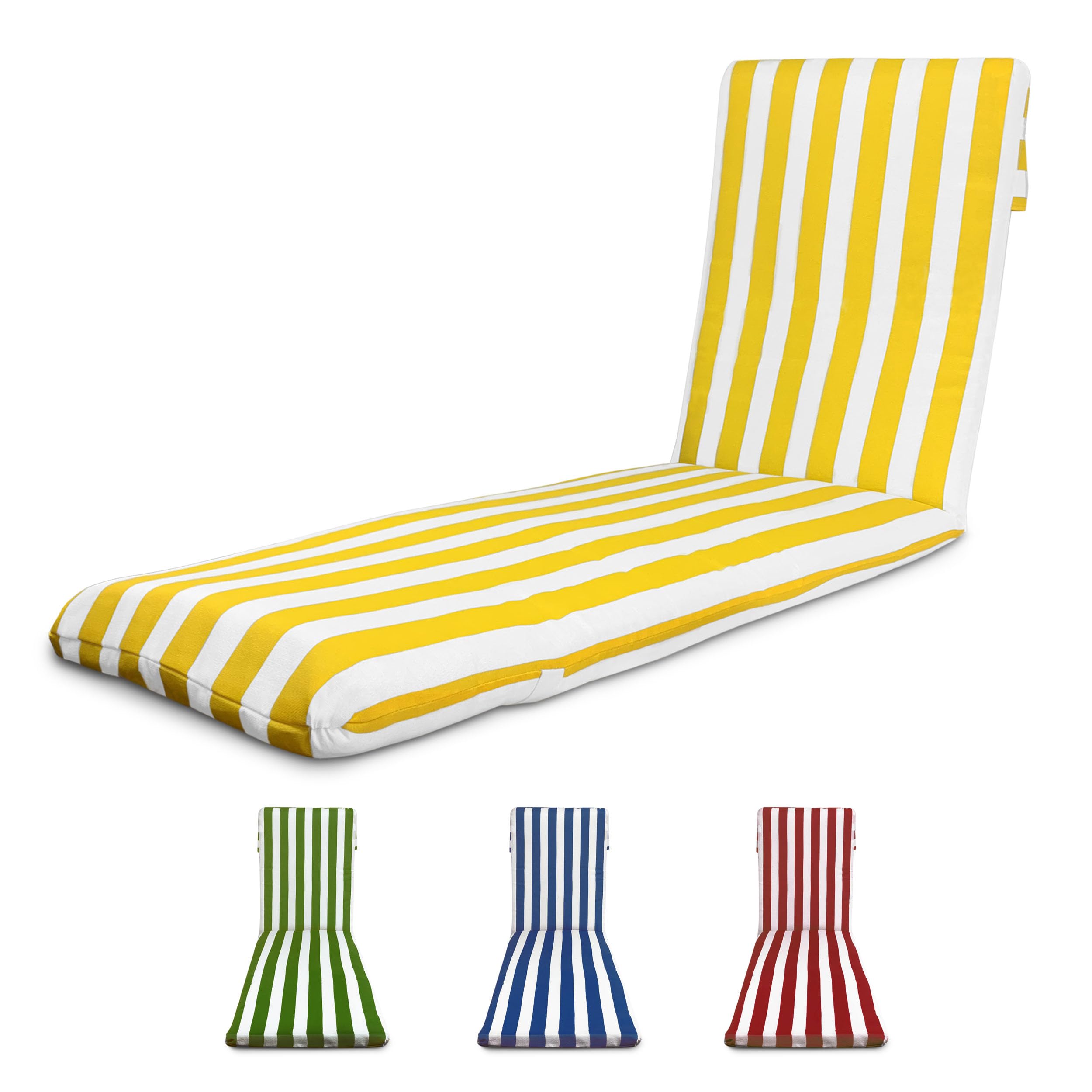 TIENDA EURASIA - Cojín para Tumbona de Jardín, Relleno de Fibra Acolchada, Funda de Tela Lavable con Cremallera, Medida 180x50x5 cm, Diseño de Rayas, Cintas y Capucha de Sujeción (Amarillo)