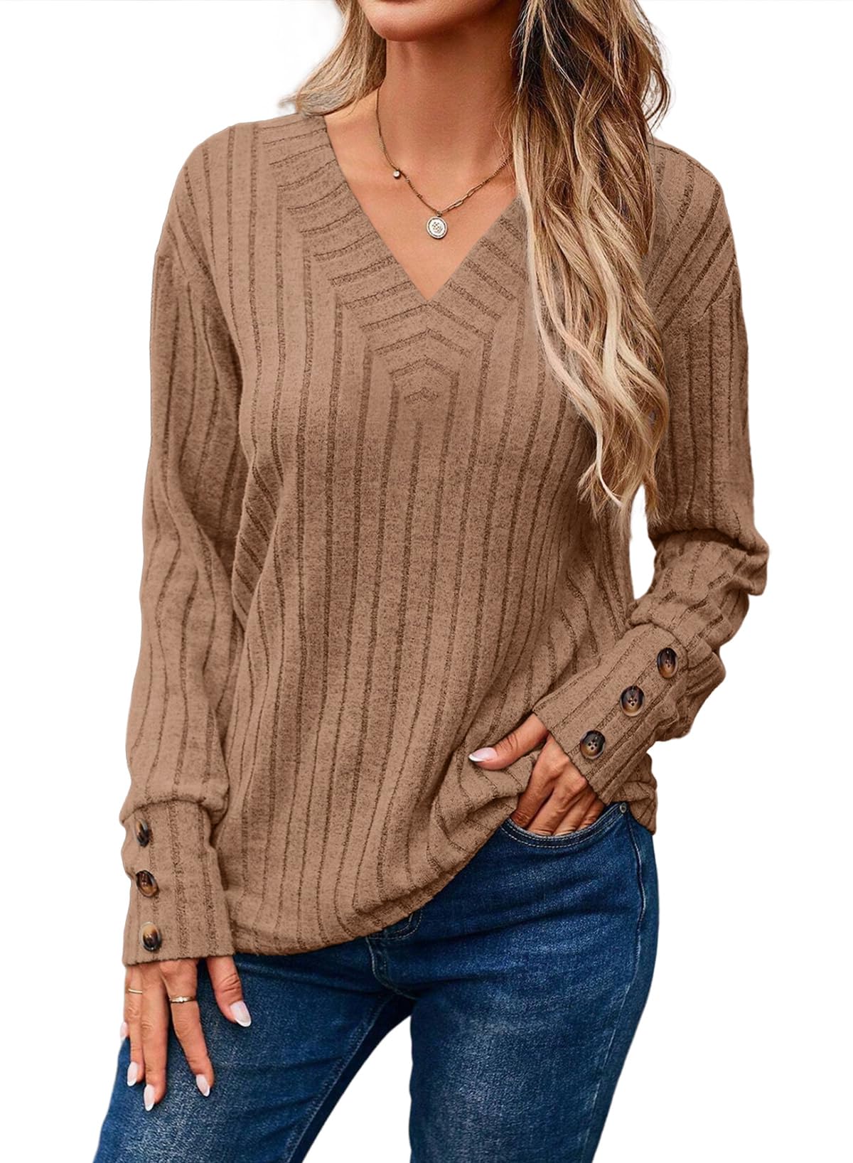 Dokotoo Pullover Damen V-Ausschnitt Langarmshirt Leichte Strickpullover Herbst Lässige Oberteile Pulli Tops mit Knopf S-XXL