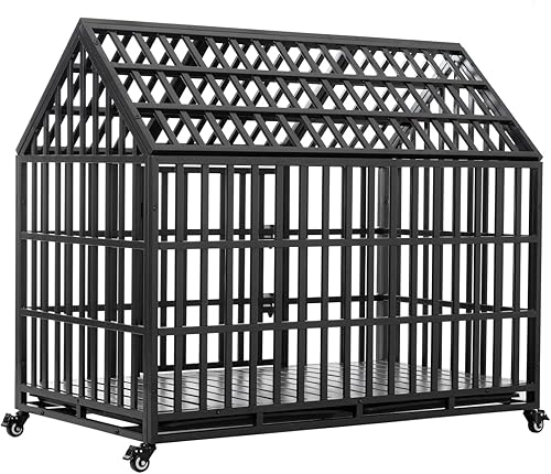 Miniatura 7 de Jaula de perro resistente de 52 pulgadas, jaula grande para perros, perreras y jaulas de metal fuerte para perros grandes con 4 ruedas con cerradura