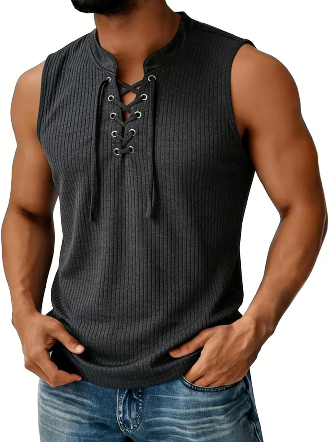 Mens Lace Up V Neck Ribbed Tank Tops Vacation Summer Shirt Plain Vertical Striped Tee Beach Sleeveless Shirts for Men