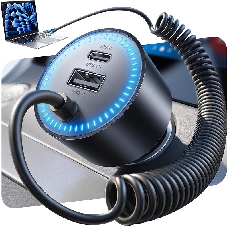 Carregador veicular Rocoren 200 W com cabo USB-C retrátil PD 100 W, USB-C e USB-A