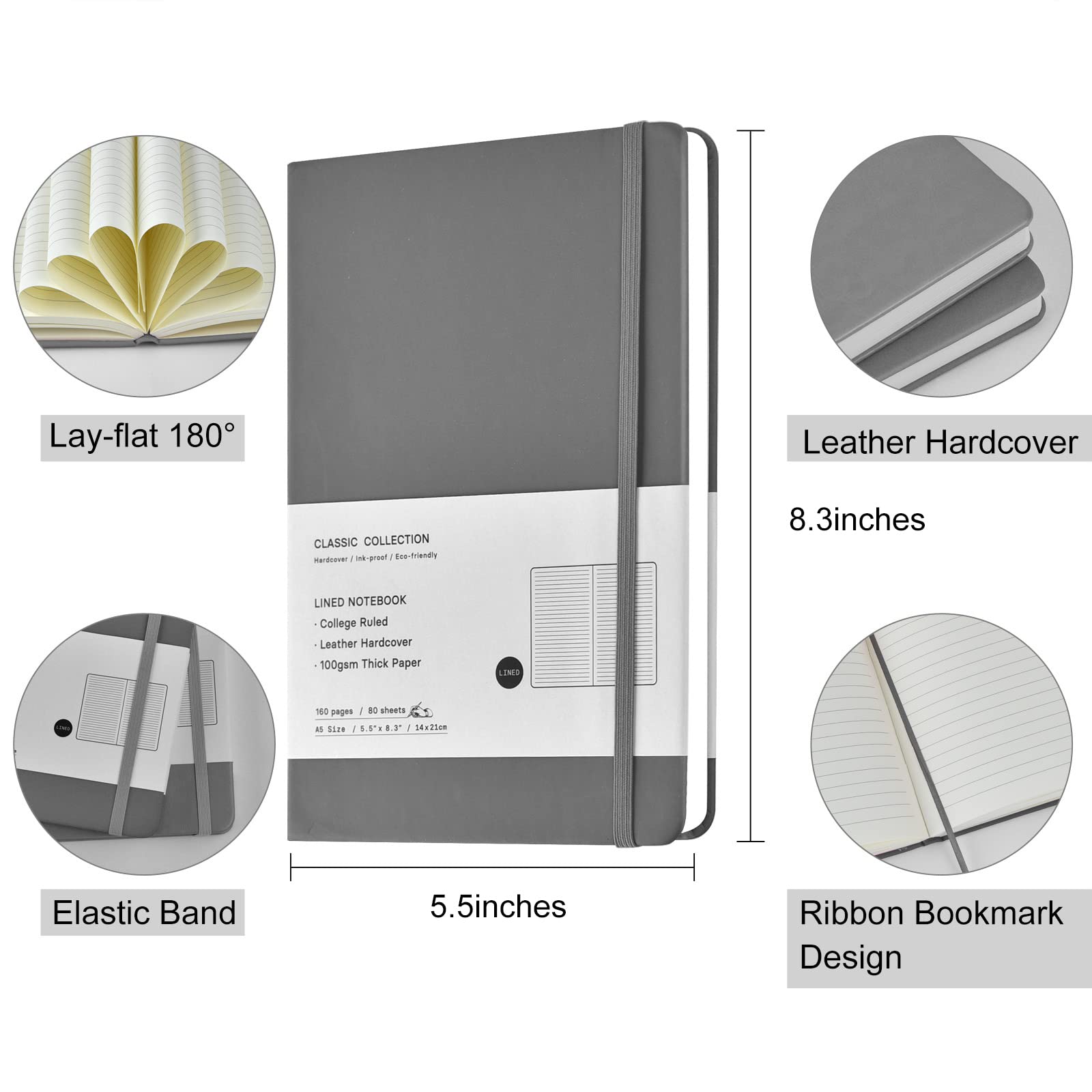 24 Stück A5 Tagebuch-Notizbücher, klassisch, liniert, Hardcover, Kunstleder, liniert, Tagebücher für Büro, Zuhause, Schule, Business, 21,1 x 14 cm, 100 g/m² dickes Papier, 160 Seiten (grau)