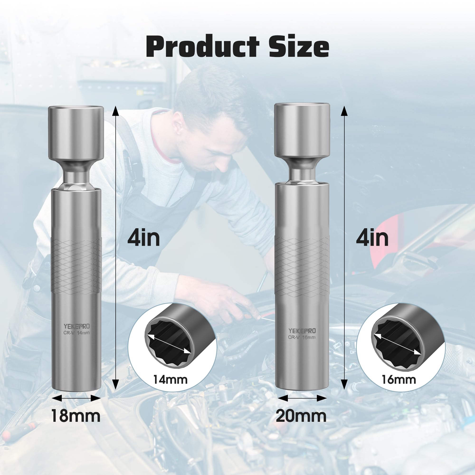 YEKEPRO 14mm & 16mm Thin Wall Magnetic Swivel Spark Plug Socket, 3/8-Inch Drive 12-Point Spark Plug Socket Removal Tool 360-degree Rotation, for Maximize Flexibility