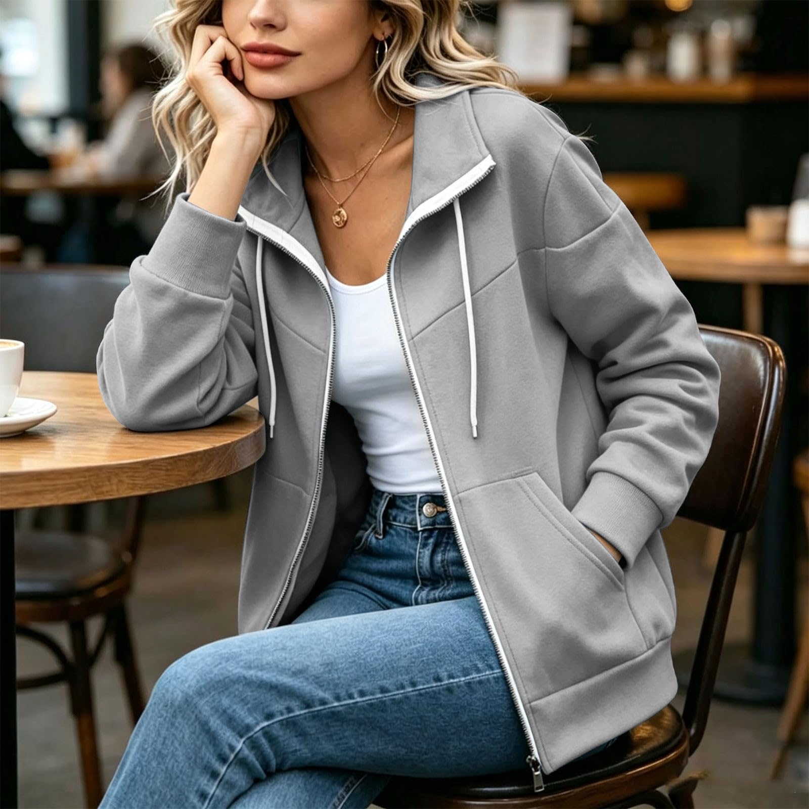 Veste Sweat Femme Zip Intégral Poches Col à Revers Manches Longues uni