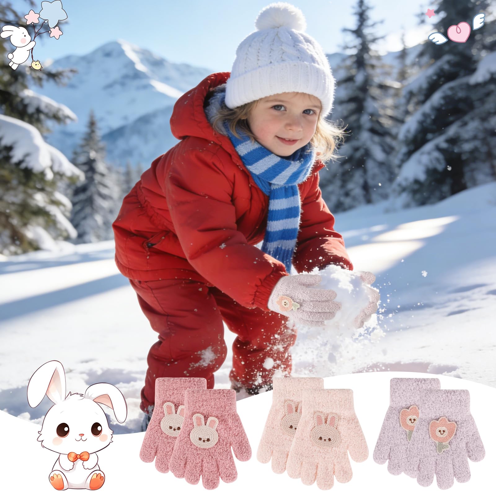 QKURT Lot de 3 paires de gants chauds et magiques pour tout-petits, motif lapin et fleurs, gants thermiques d'hiver doux et élastiques pour bébés garçons et filles, 1-3 ans