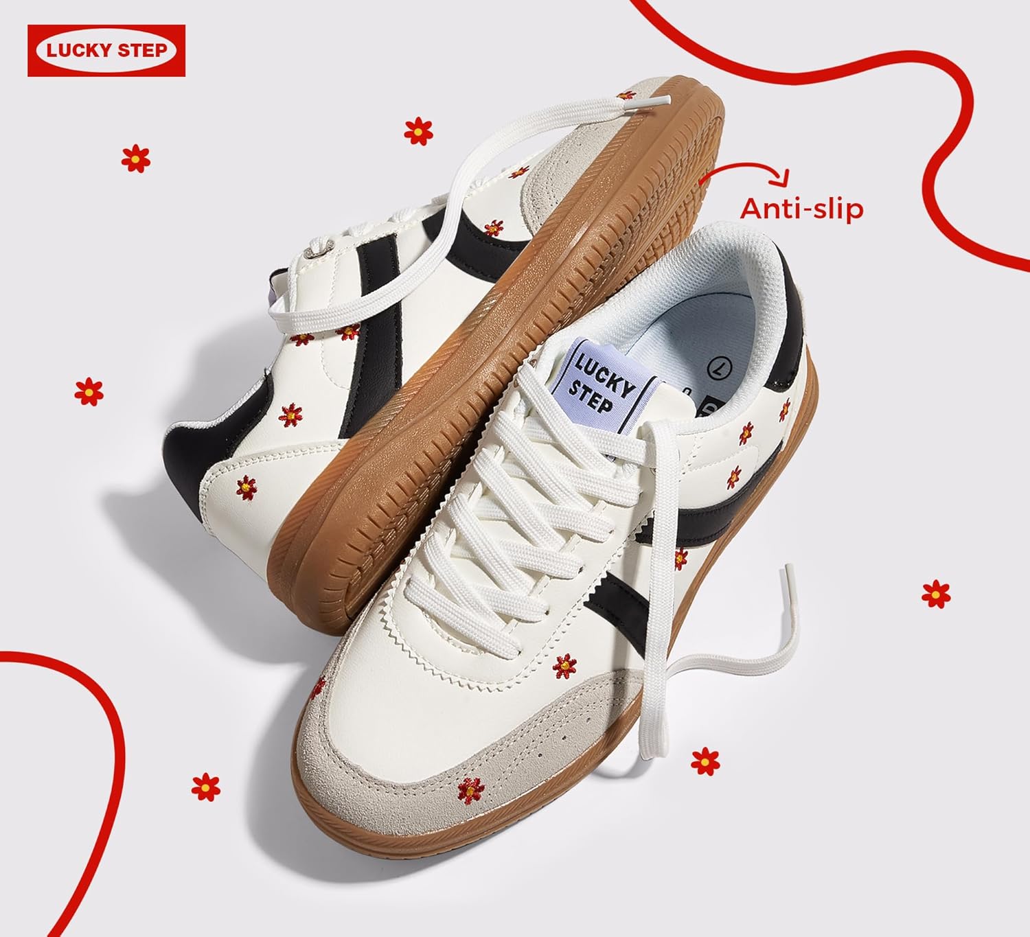 LUCKY STEP Women Classic Retro Tennis Sneakers Fashion Gum Sole Skate Casual Walking Shoe Anti Slip Floral Embroidery Comfortable Trainers - Image 5