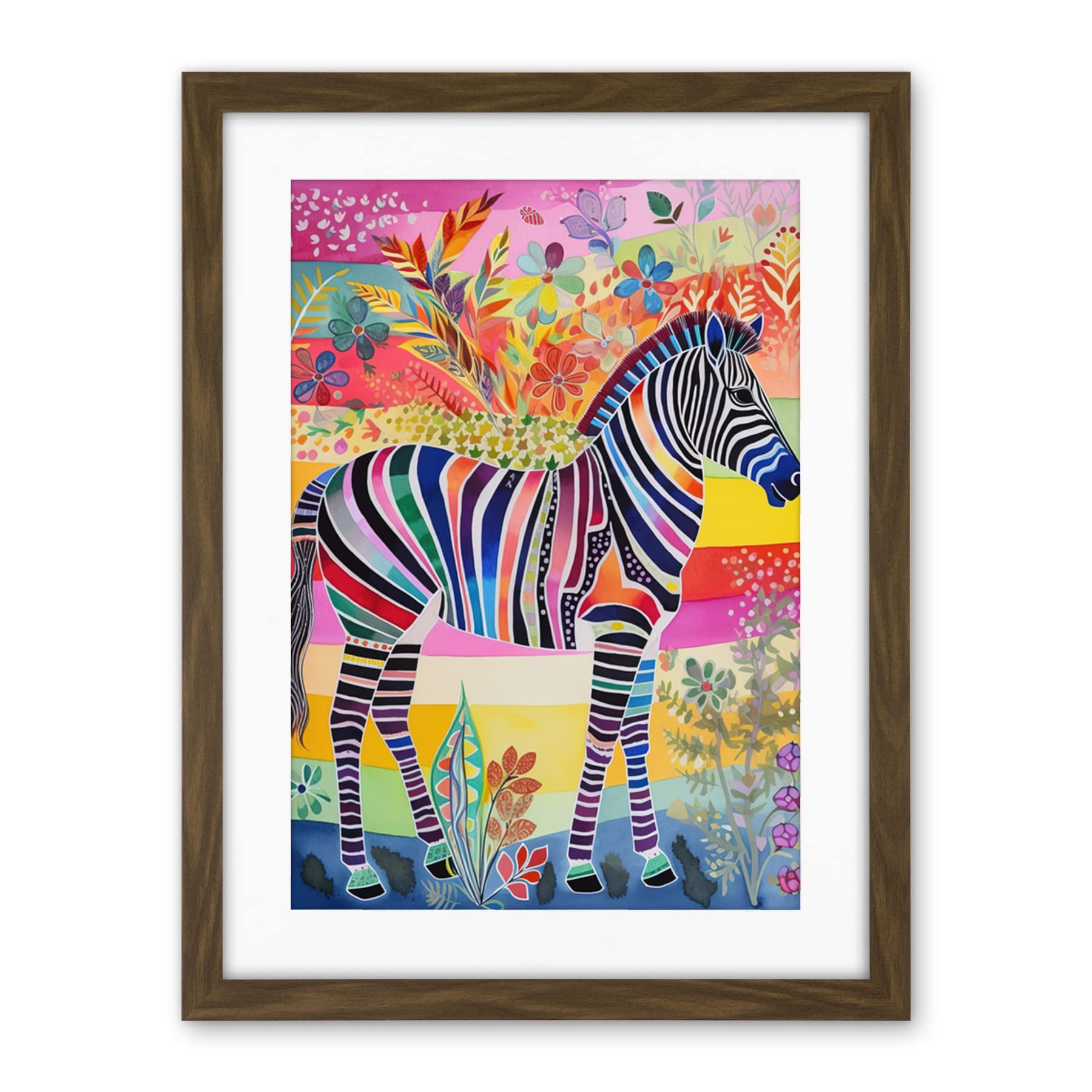 Artery8 Zebra Rainbow Floral Abstract Folk Art Artwork Framed Wall Art Print 18X24 Inch
