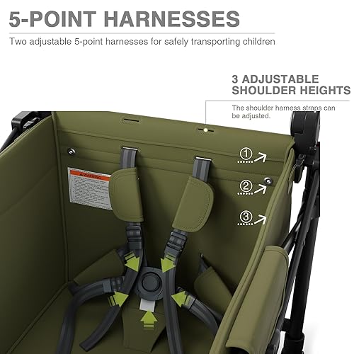 Miniatura 6 de EVER ADVANCED Carro plegable para dos niños y carga, plegable con barra de mango ajustable, toldo extraíble con arnés de 5 puntos, verde