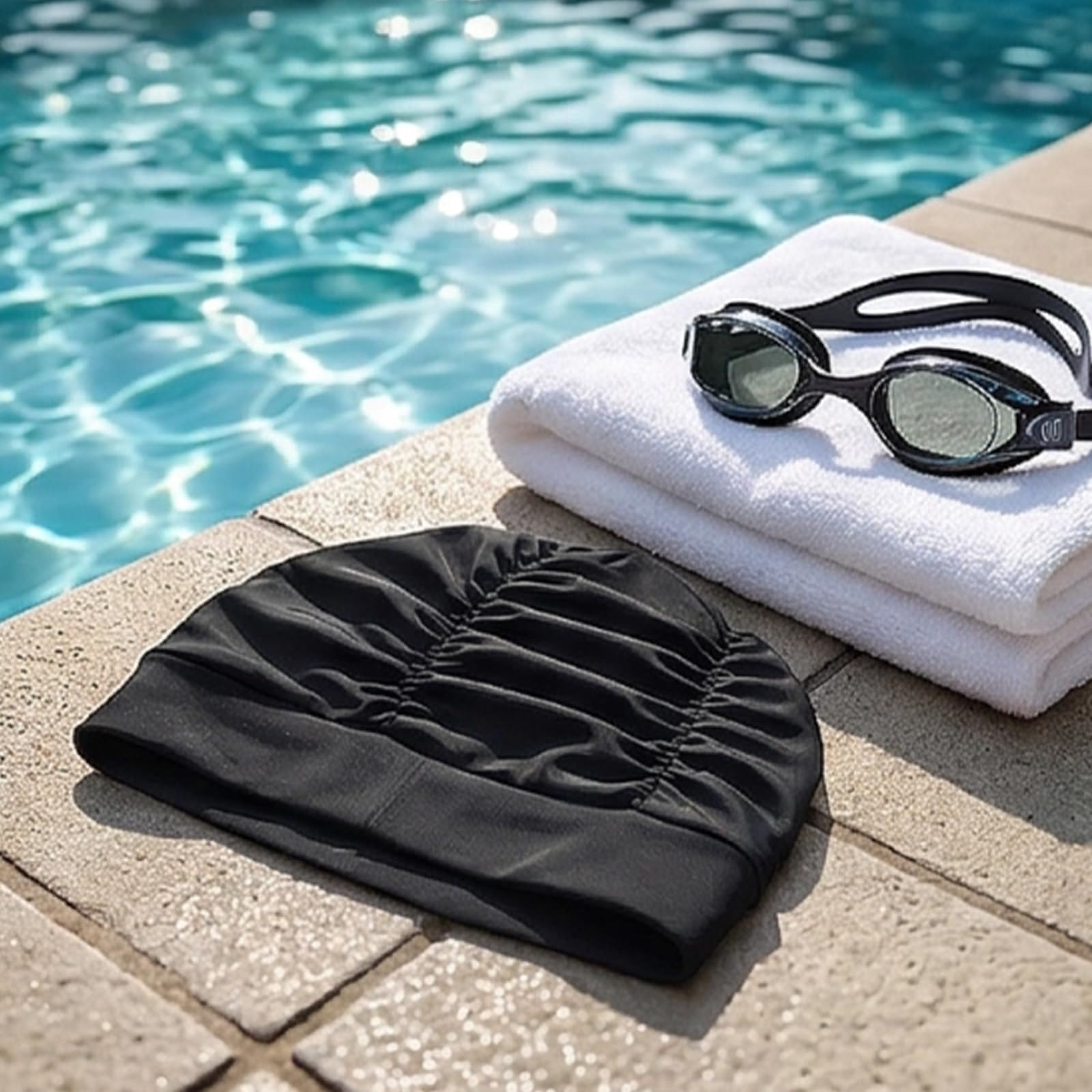 Cuffia da nuoto da donna, 2 pezzi, in tessuto elastico in poliestere, traspirante, per donne e capelli spessi, estivi, piscina coperta, spiaggia, vacanze