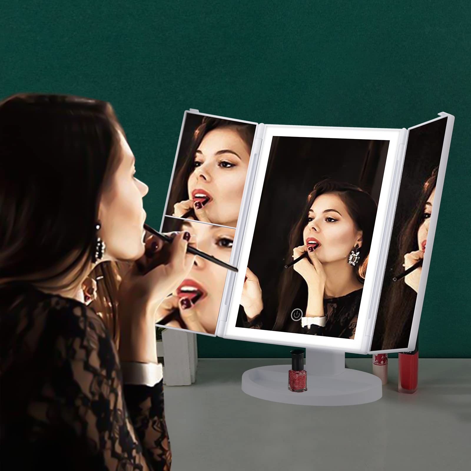 GRIFEMA GF1001W - Miroir lumineux 2X/3X pliable, rotation 180°, maquillage batterie/USB, interrupteur tactile, luminosité réglable, blanc