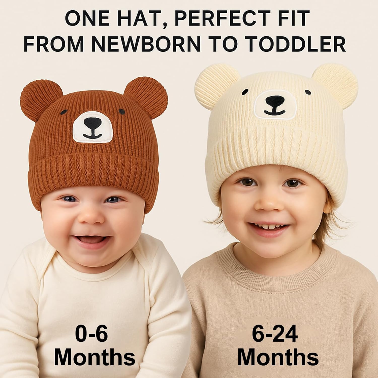 Cute Bear Baby Beanie with Bear Ear Boys Hat Infant Toddler Winter Knit Skull Cap for Girls 0-24 Months - Image 5