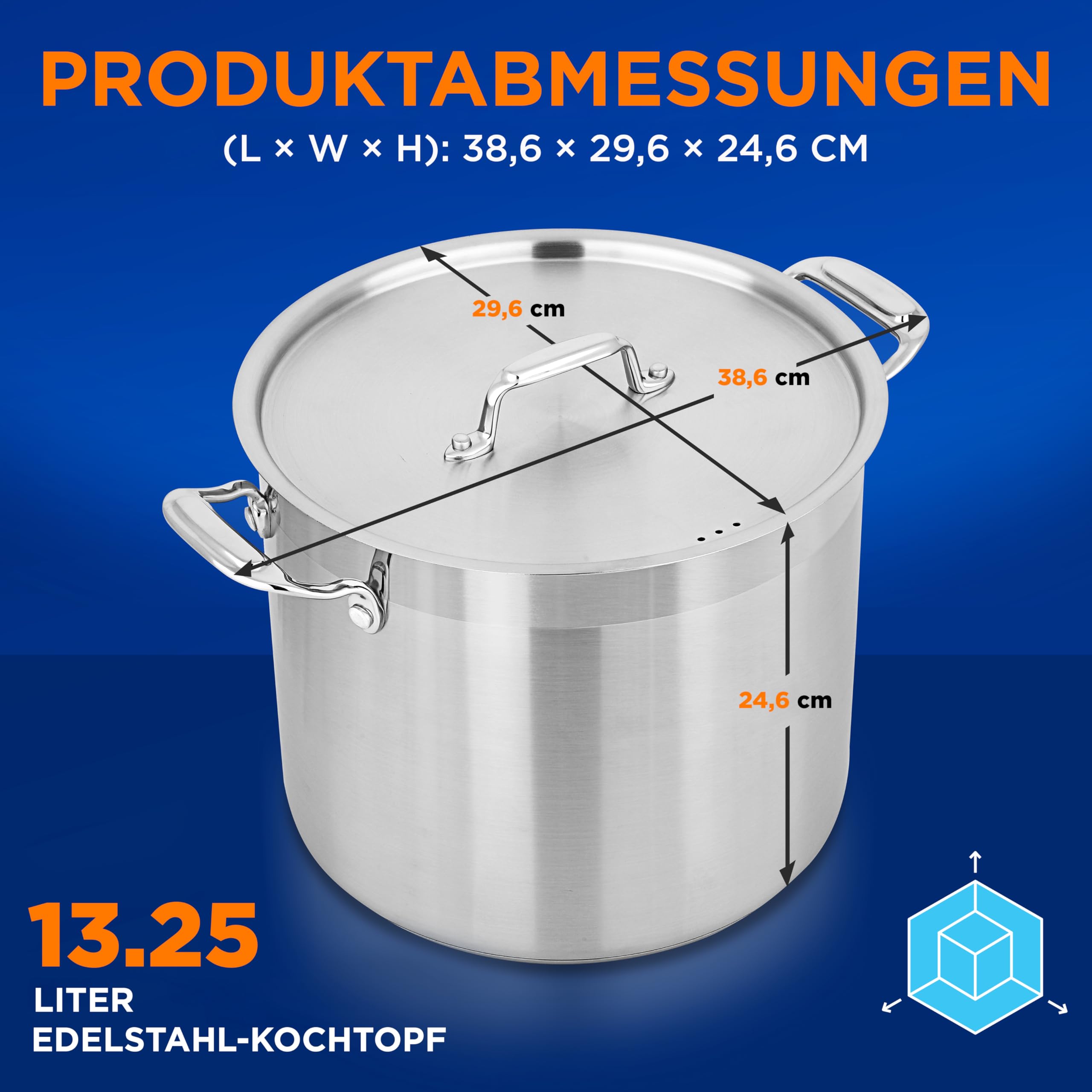 NutriChef Edelstahl Kochtopf 13,2L Induktion – Suppentopf mit Deckel, Profiqualität für Gastronomie & Meal Prep Hitzebeständig bis 260 °C, Spülmaschinenfest, Ideal für Vorratsküche & Events | 18/8 Induktionskompatibel, spülmaschinenfest, genietete Griffe,