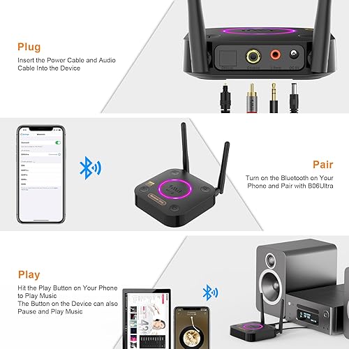 Miniatura 7 de 1Mii B06Ultra Receptor Bluetooth 5.2 con LDAC para audio inalámbrico de alta resolución, adaptador de audio Bluetooth HiFi con DAC de audiófilo, 3D