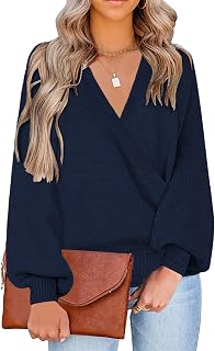 Women's Knit Long Sleeve Faux Wrap Surplice V Neck Sweater Top