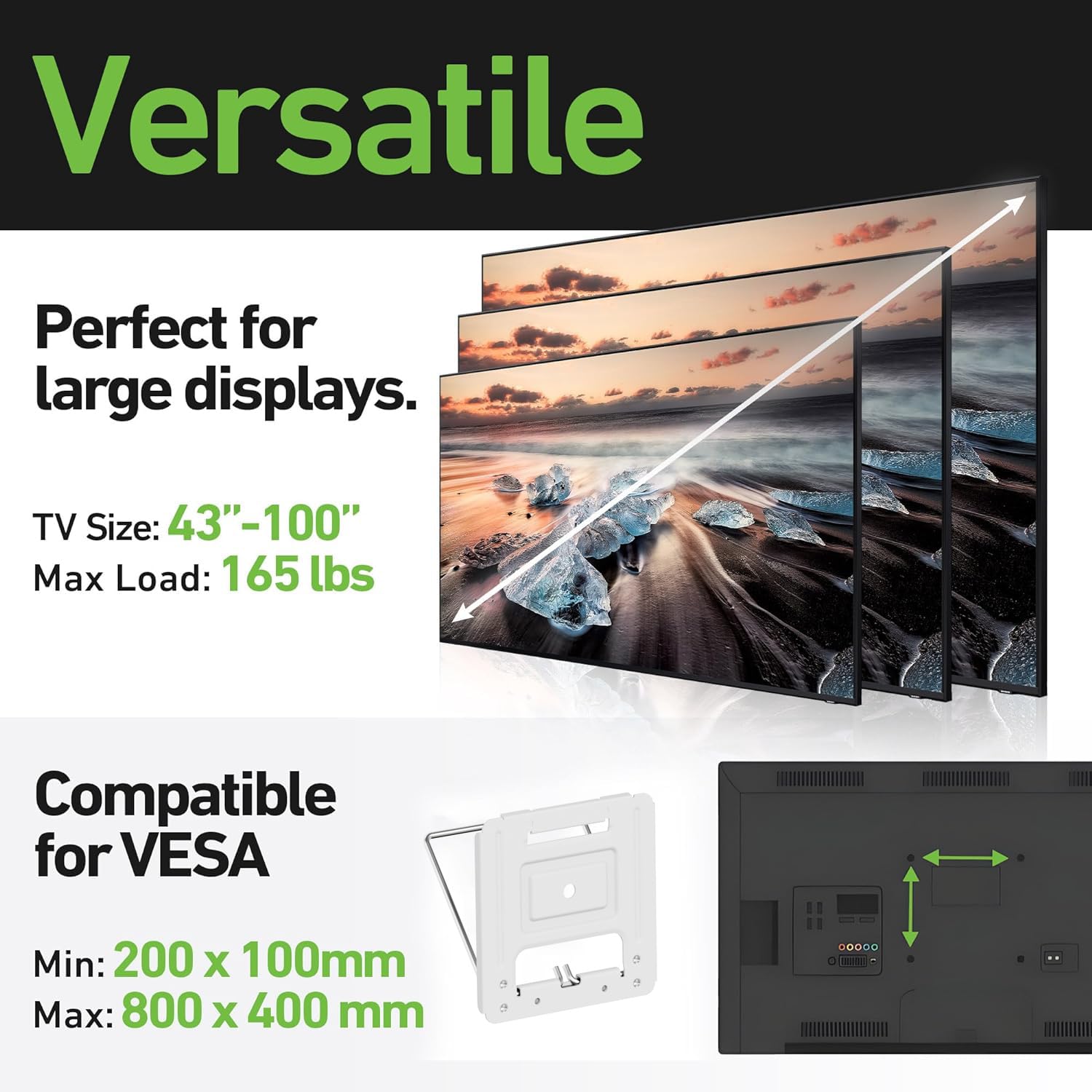 Soporte de pared ultra delgado con micro espacio para televisores de 43-100 pulgadas, Vesa 200 x 200-800 x 600, 165 libras, solo perfil 0.37, soporte, contactos magnéticos, herramientas y nivel de