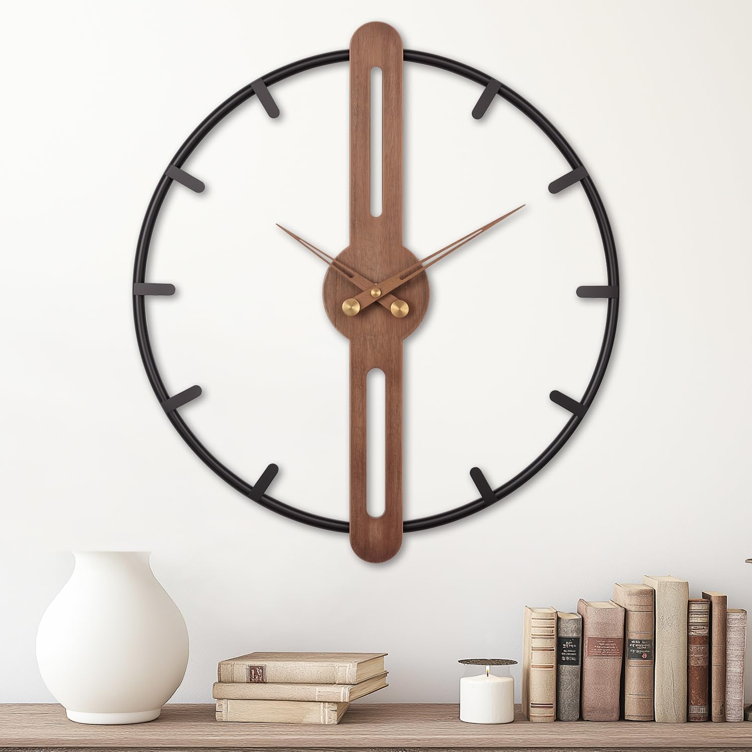 large wall clock,minimalist 24'' battery operated clock with wood and metal frame decorative wall clocks for living room,bedroom or office 24"