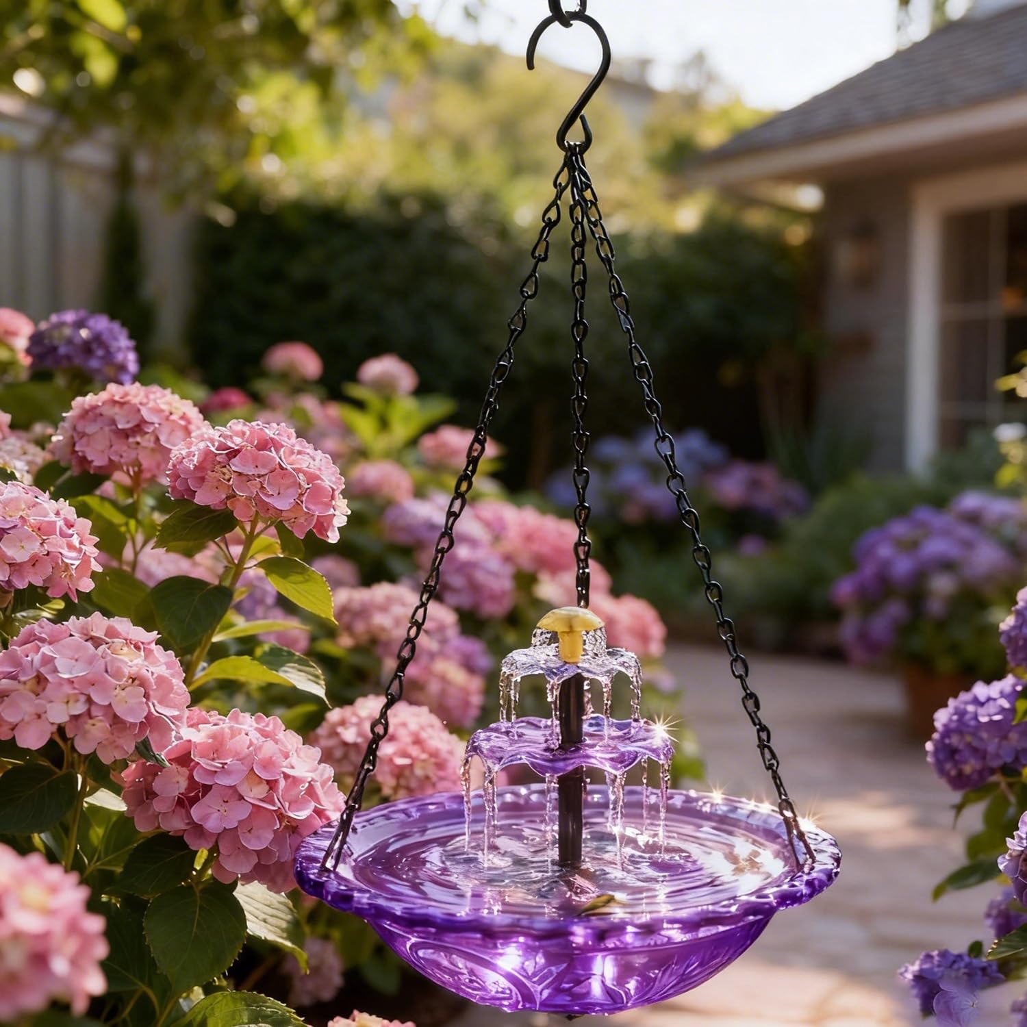 Ground-Mounted&Hanging solar-powered bird bath,2026New three-tiered bird bath with recirculating water design, suitable for gardens and backyards,attracts birds. (Purple hanging style)