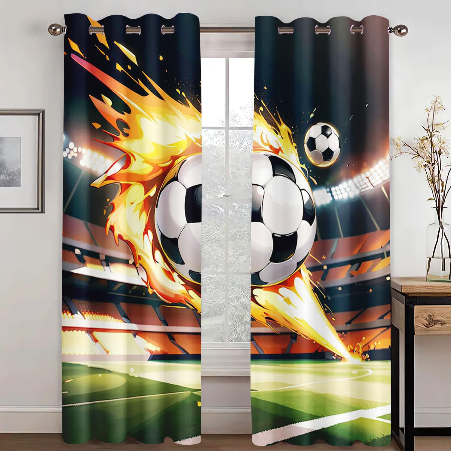 WEQEER Football Sports Field Curtains, Blue 3D Football Pattern Eyelets Curtains, Colourful Football Children's Blackout Curtain, Boys Curtains for Bedroom (6.100 x 140 cm (2 x 50 x 140 cm))