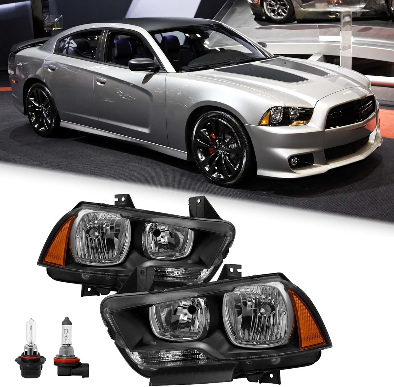 Halogen Headlight Assembly With Bulb fit for 2011 2012 2013 2014 Dodge Charger R/T SE SRT8 SXT Plus Persuit Sedan (BLACK+WHITE SIDE)