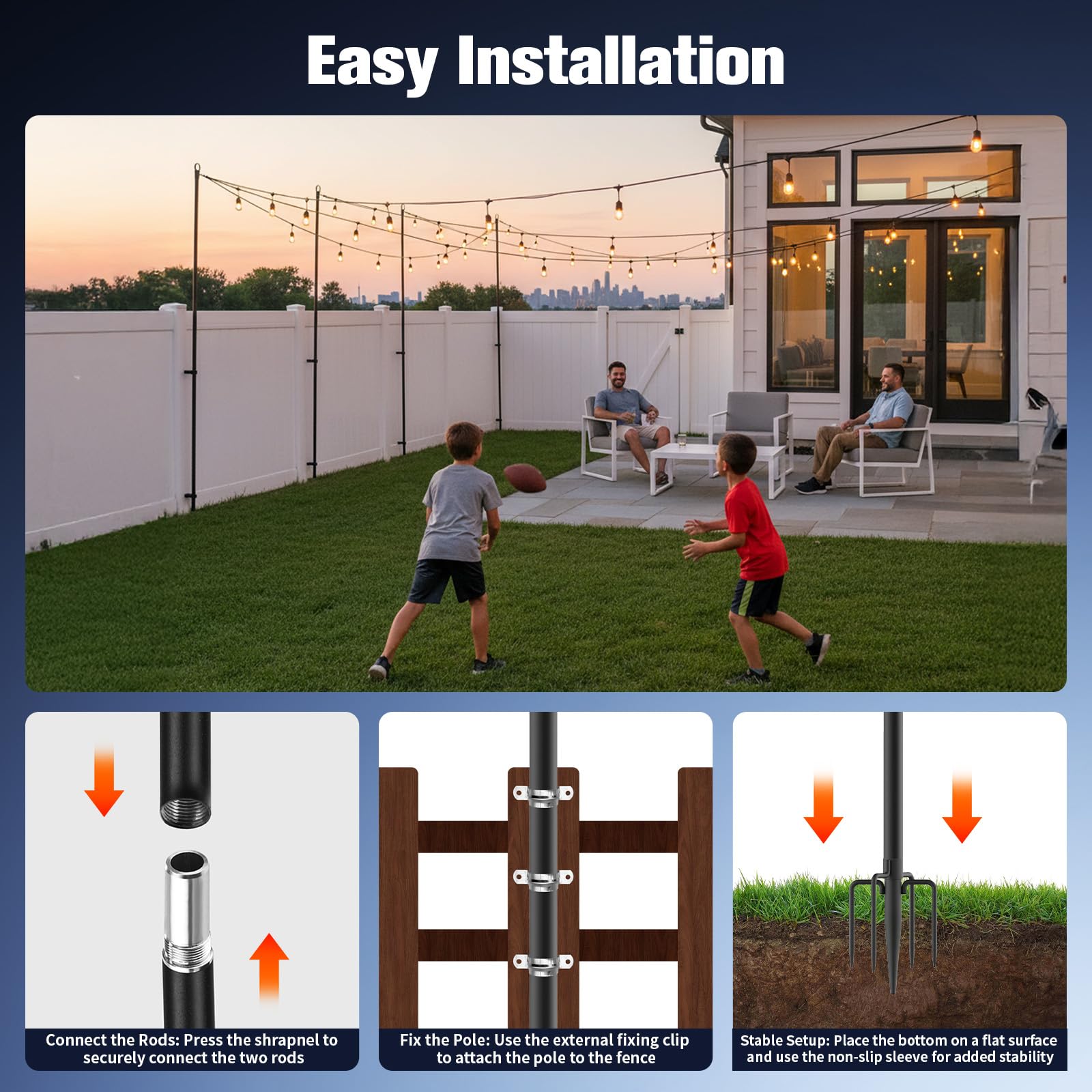 2 Stück 2,5 m lange Lichterkettenstangen außen – Lichterkette mit Gabel für Deck, Garten und Terrasse, langlebiger Terrassenbeleuchtungsständer für Hochzeit, Partys und Weihnachten