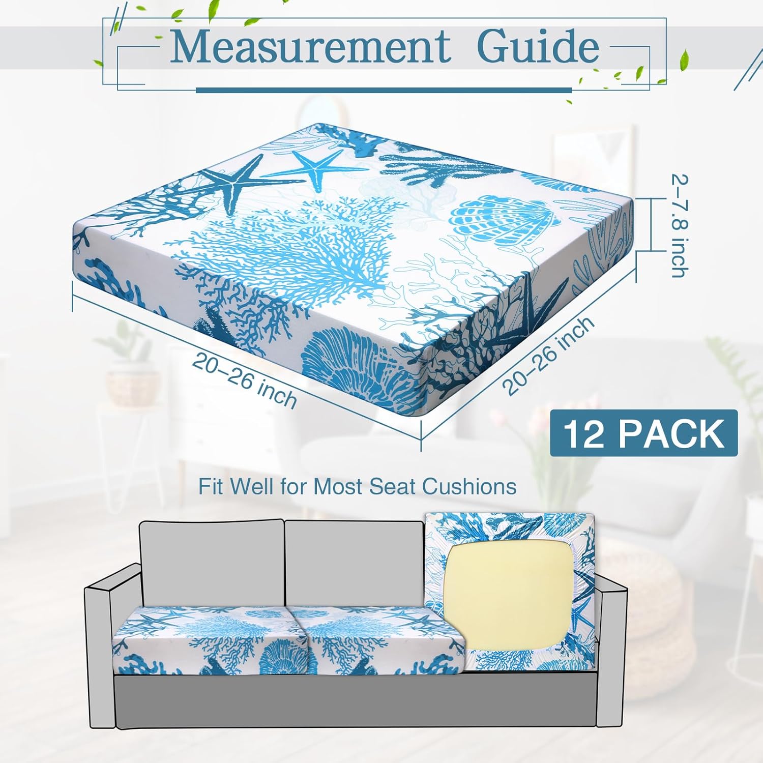 Newwiee 12 Pcs Patio Cushion Covers Outdoor Stretch Sofa Couch Cover Replacement Couch Slipcover Sofa Seat Chair Porch Patio Furniture Protector, Flexibility Washable(Light Blue,Ocean)