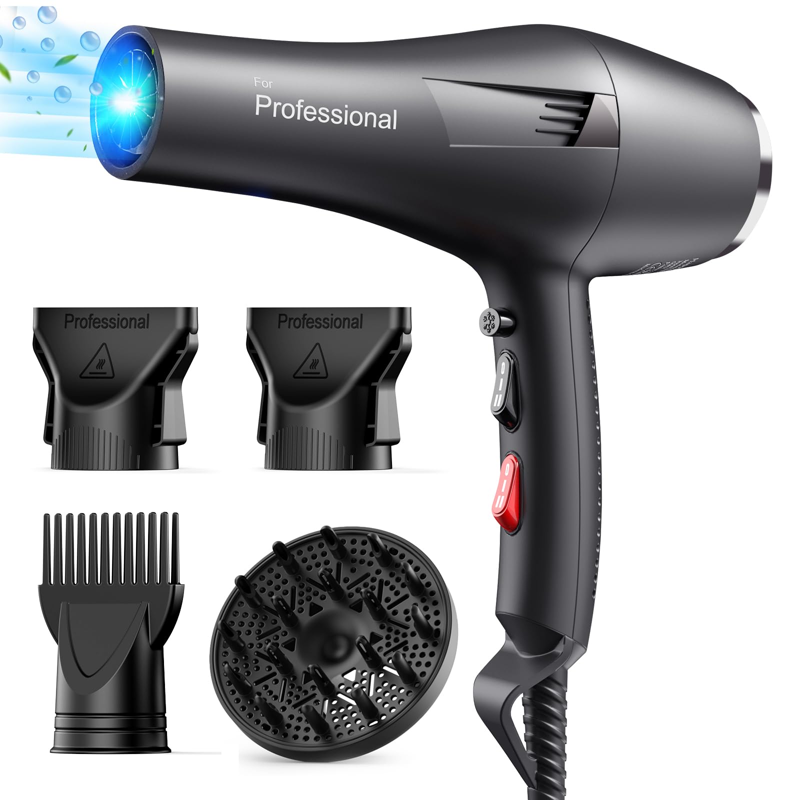 HappyGoo Hair Dryer Professional Ionic Hairdryer Fast Drying Salon with 2 Speed 3 Heat Setting, Cool Button, with Diffuser, Nozzle, Concentrator Comb for Women Man (Black)