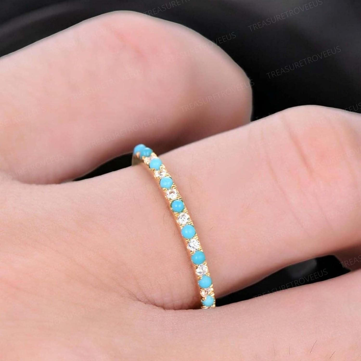 Turquoise Eternity Band for Women Gold Plated Dainty Stackable Ring Half Eternity Turquoise and Diamond Band Christmas Gift New Year Anniversary Wedding Jewelry