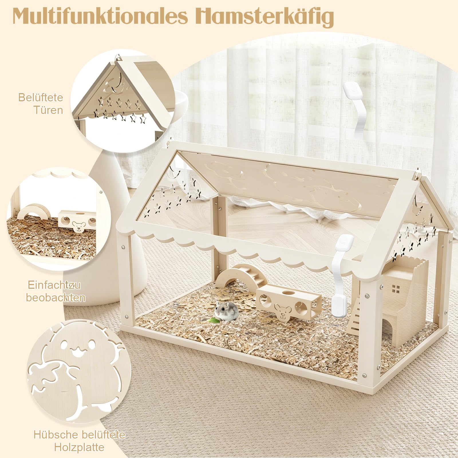 Hamsterkäfig, Kleintierkäfig, Acryl Hamster Käfig, für Nager, Mäuse, Zwerghamster, 60 x 30 x 40cm Hamsterhaus, Haustierhabitat mit Treppe, Mini-Haus und Tunnel