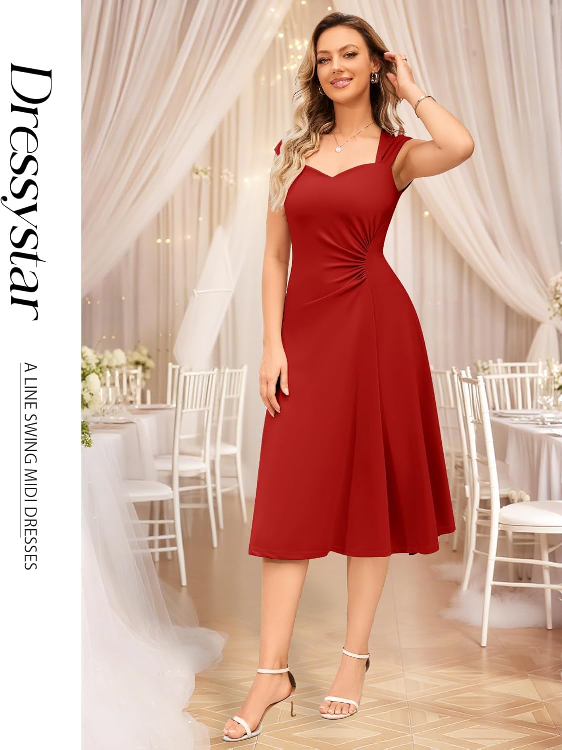 Dressystar Women's Midi Formal Wedding Guest Dress 2026 Sleeveless Ruched Flowy A Line Swing Cocktail Evening Party Dresses - Image 6