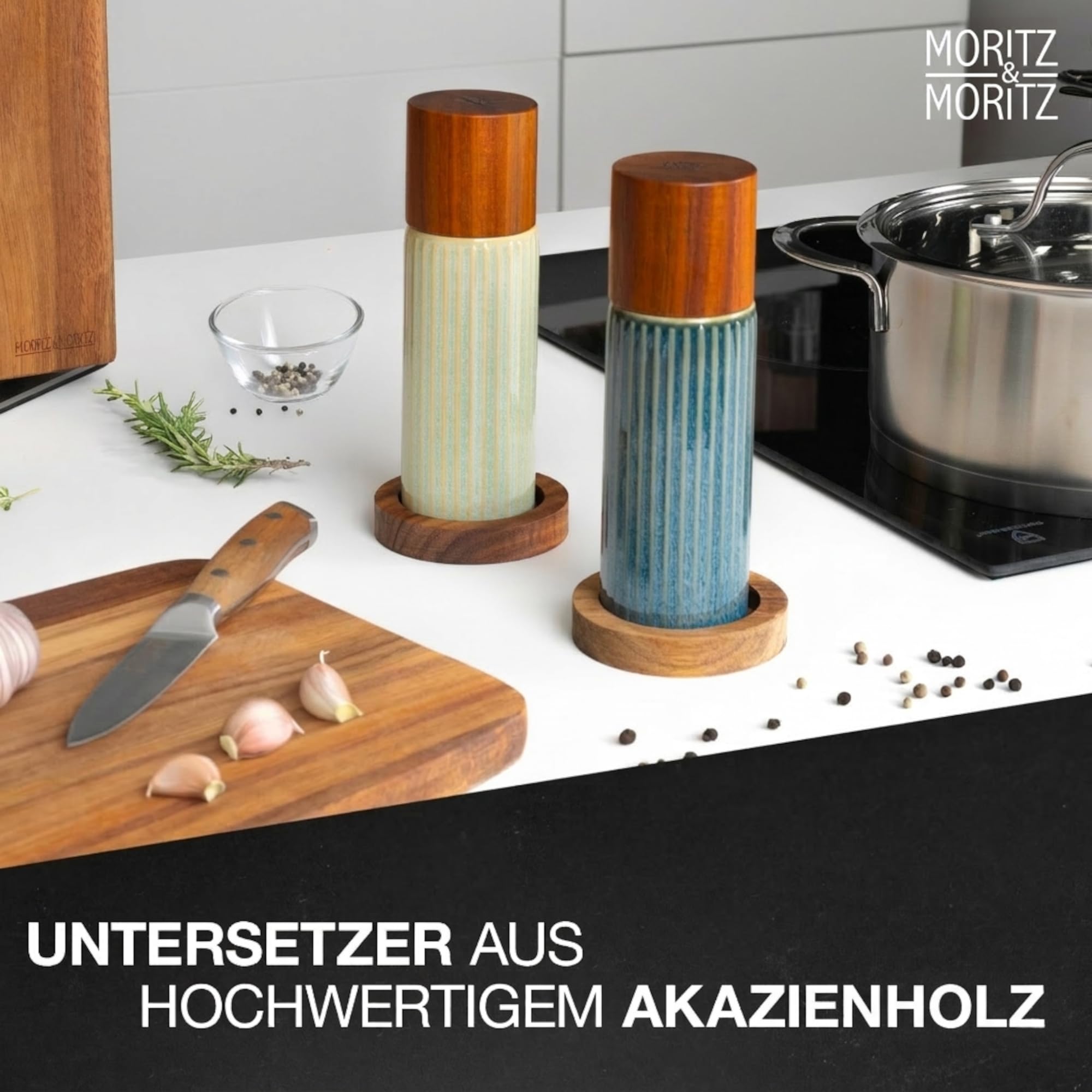 Moritz & Moritz PEPE Gewürzmühle 2er Set blau/grün - Salz und Pfeffermühle aus Steinzeug & Akazienholz mit Keramikmahlwerk, einstellbarem Mahlgrad und innovativem Click-System - Salzmühle & Chilimühle
