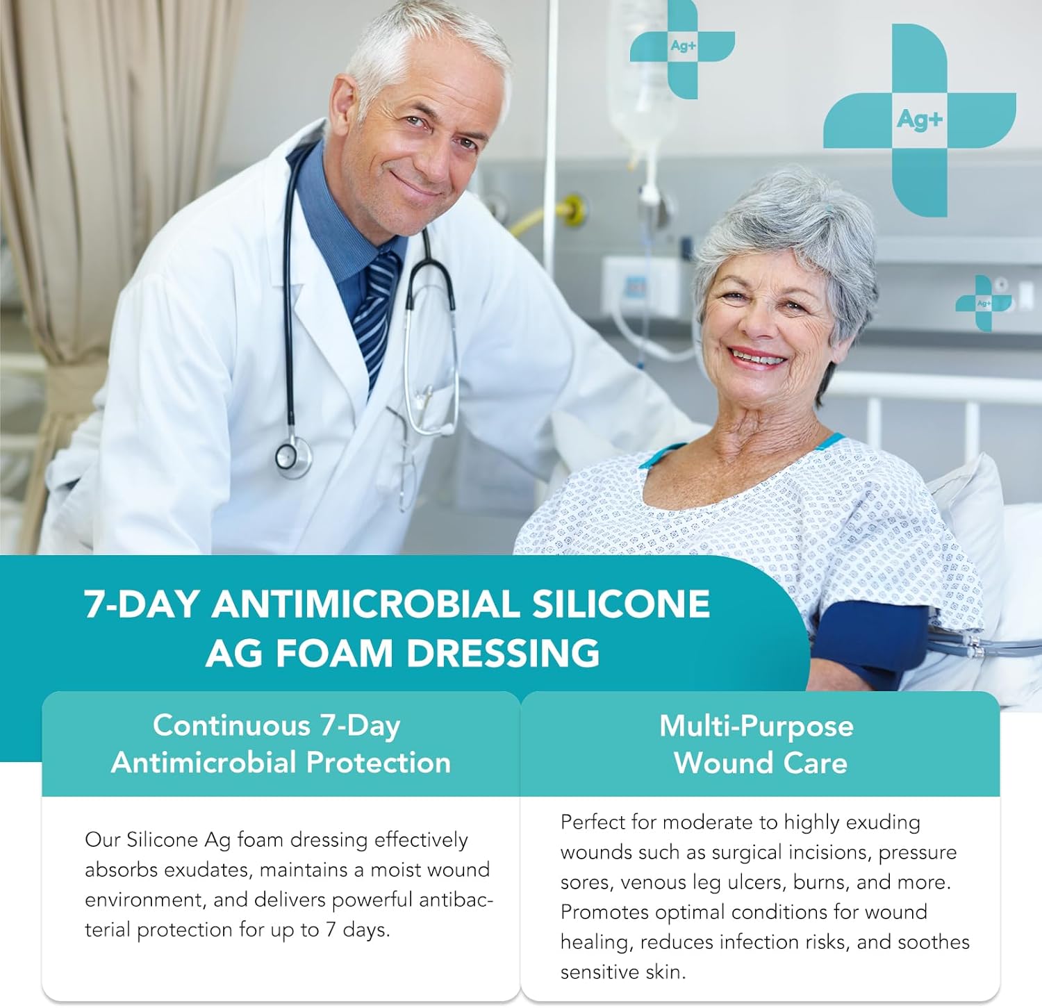 Silicone Foam Dressing Ag Sterile Wound Bandage with 7.08"x7.08" Waterproof Gentle Silicone Adhesive Border, Breathable Ultra Absorbent Pads (Pack of 5) - Image 7