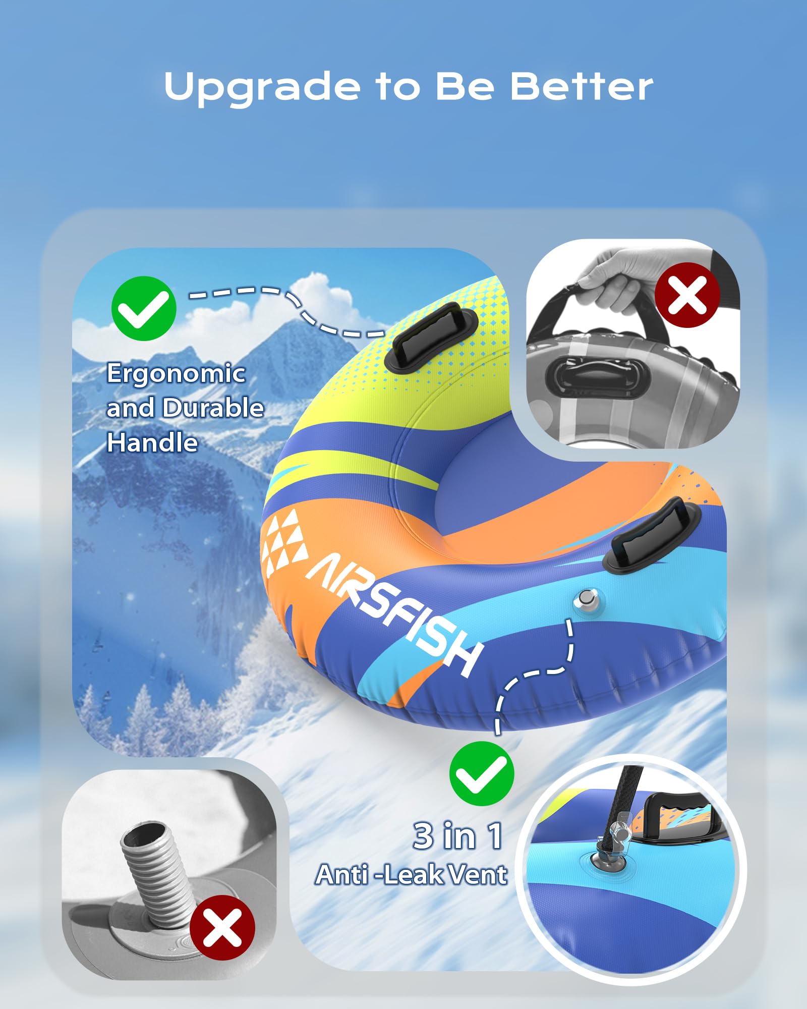 aufblasbare Schlitten Snow Tube mit Towable Leine, Schnee Schlitten Heavy-Duty Cover Wear-Resistant & Anti-Freeze Material Sledding Tubes für Wintersport für Kinder Erwachsene, 2 Packs