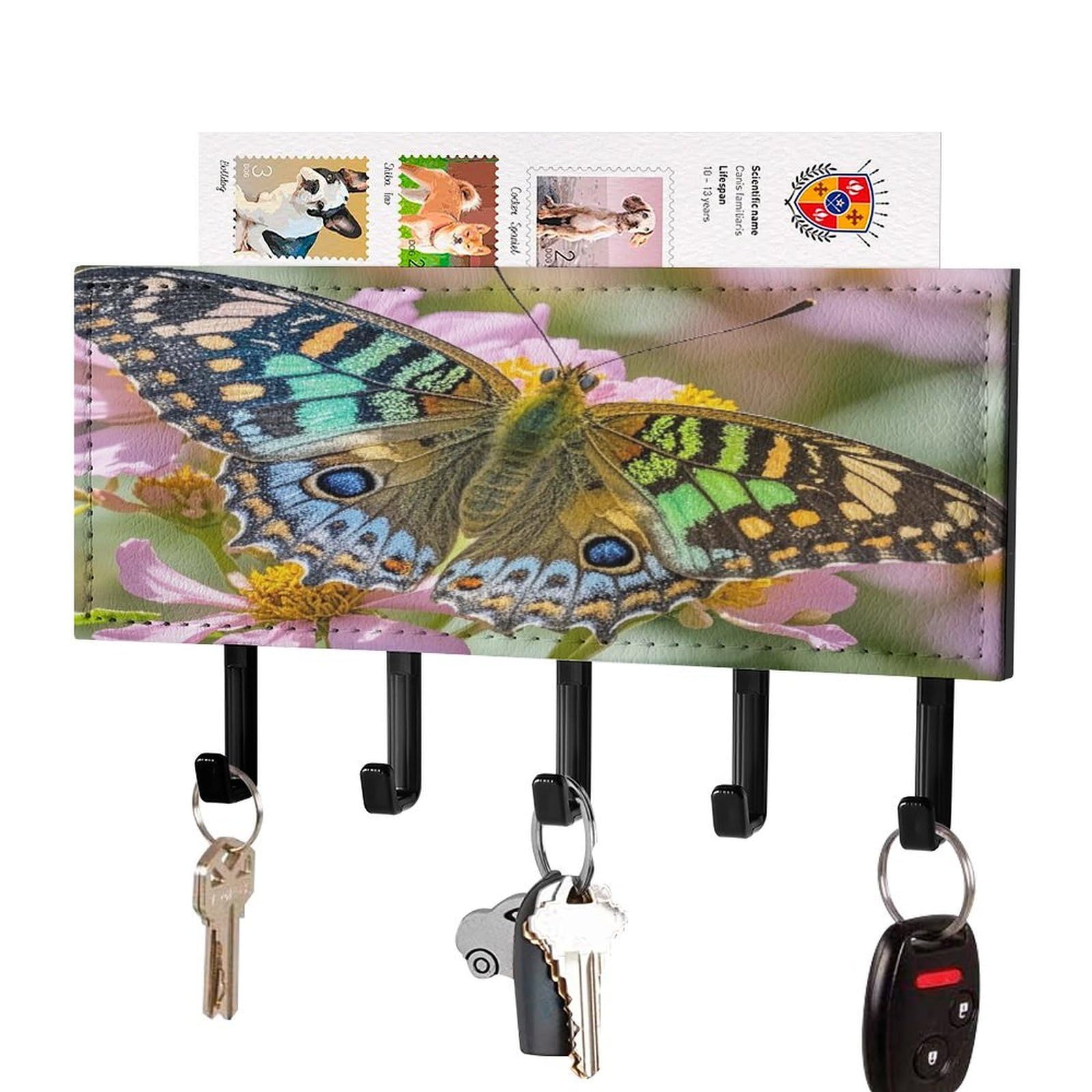 FekiLoot Butterfly Key Holder for Wall Decorative Mail Organizer with 5 Key Hook Self Adhesive Key Rack with Tray Coat Rack Wall Mount Key Hanger Decor for Entryway Door
