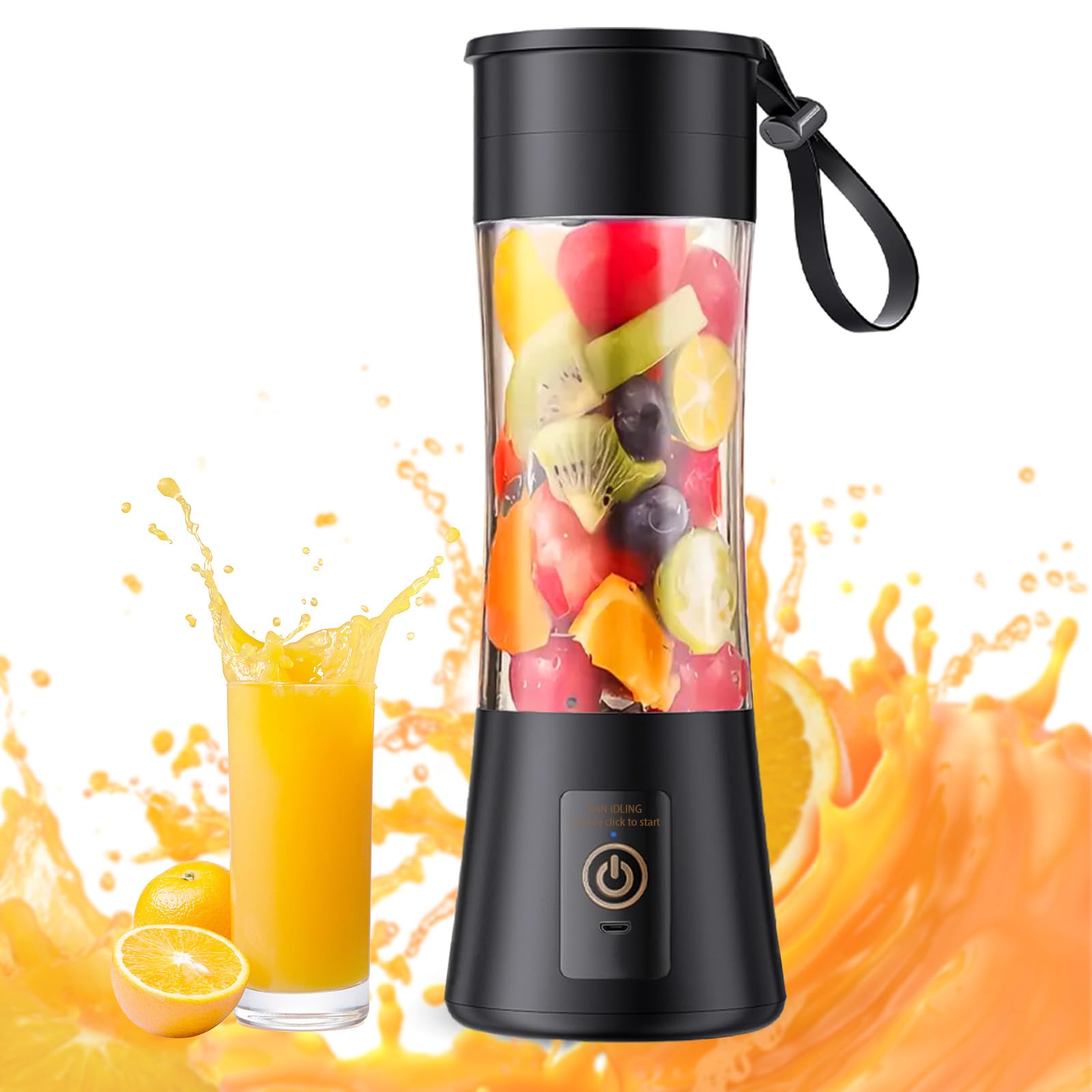 Portable Blender, 380ml Mini Personal Blender with 6 Blades, 2000mAh USB Rechargeable Small Blender for Smoothies, Travel, Home, Office, Black