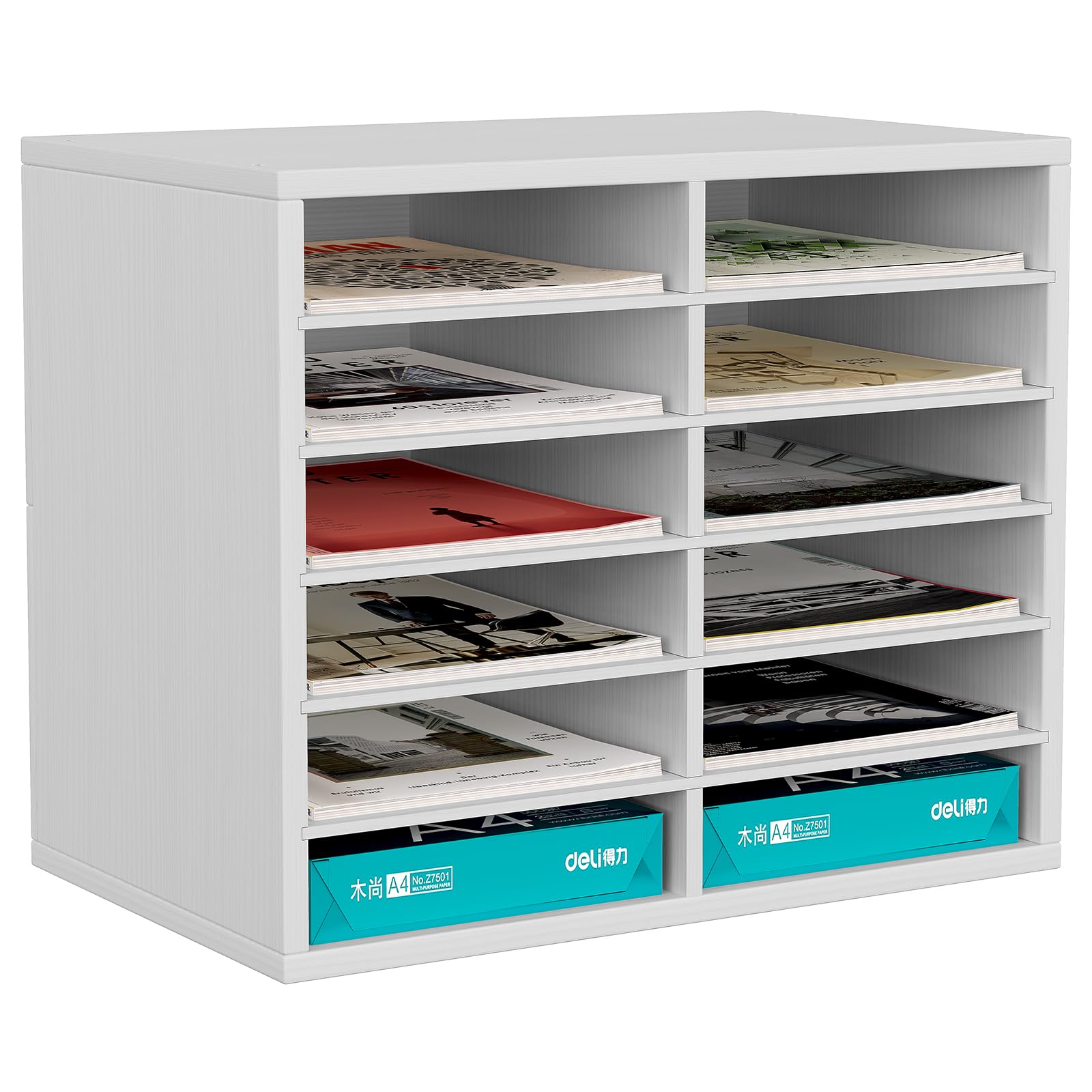 Easypag White Wood Desktop 6 Tier 12 Compartments A4 Filing Tray Office Desk Tidy Mail Sorter File Holder Paper Organiser Magazine Storage Rack,